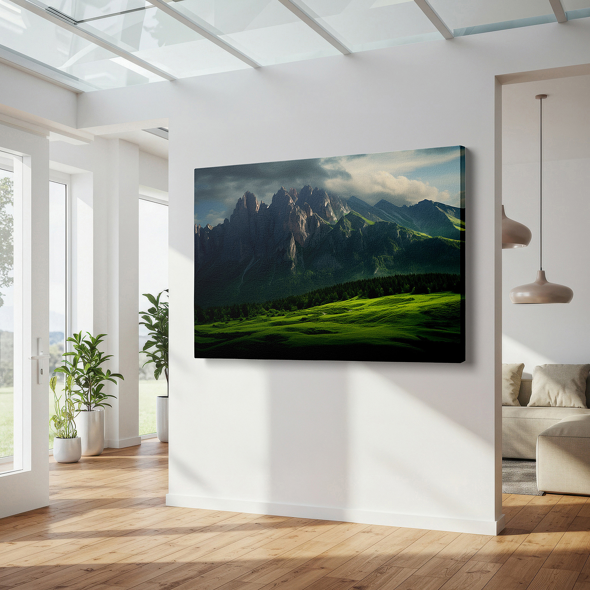 Featured in a dining room with dark wood furniture and candlelight — majestic mountains and peaceful hills beneath a dramatic sky: large canvas wall art for office, bedroom, and living room decor