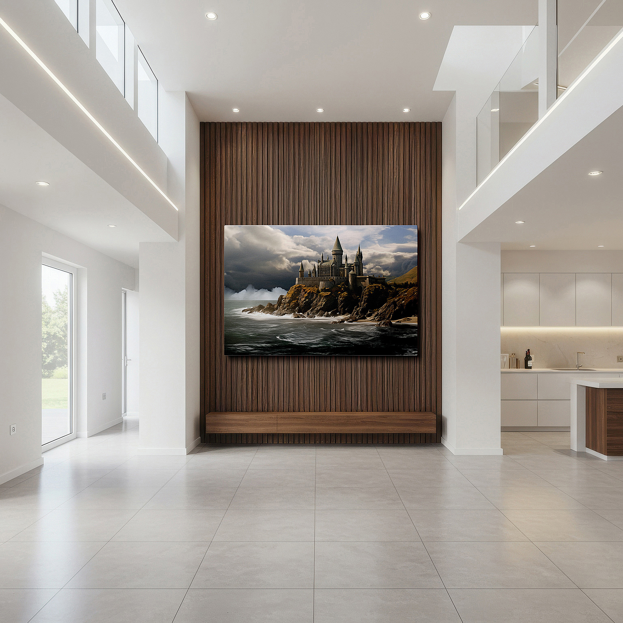 Featured in a dining room with dark wood furniture and candlelight — medieval castle on a cliff canvas print - majestic view over turquoise waters - large wall art for office and bedroom decor