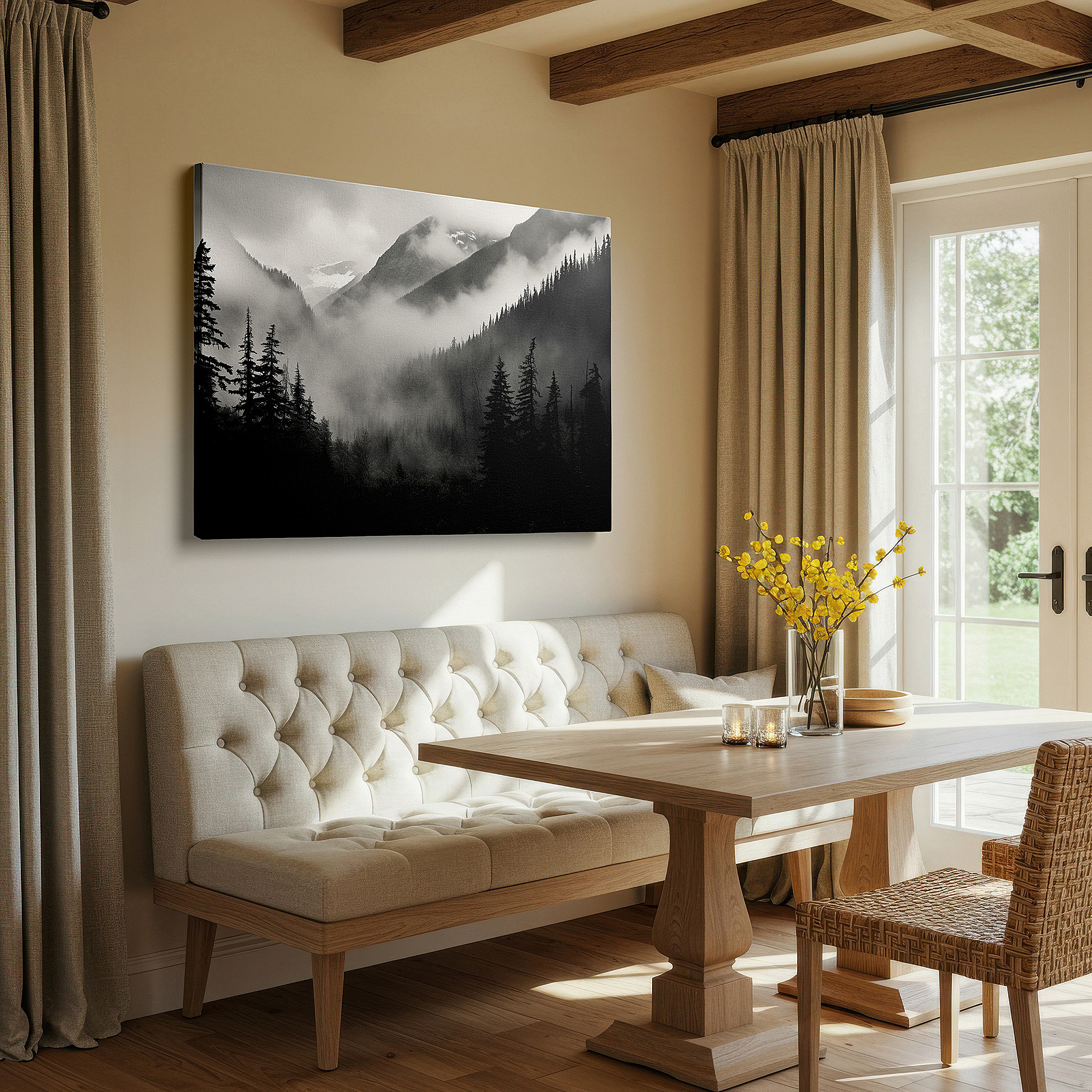 Featured in a dining room with dark wood furniture and candlelight — monochrome enigmatic peaks and misty forests large wall art, canvas wall art, decor for office, bedroom, and living room