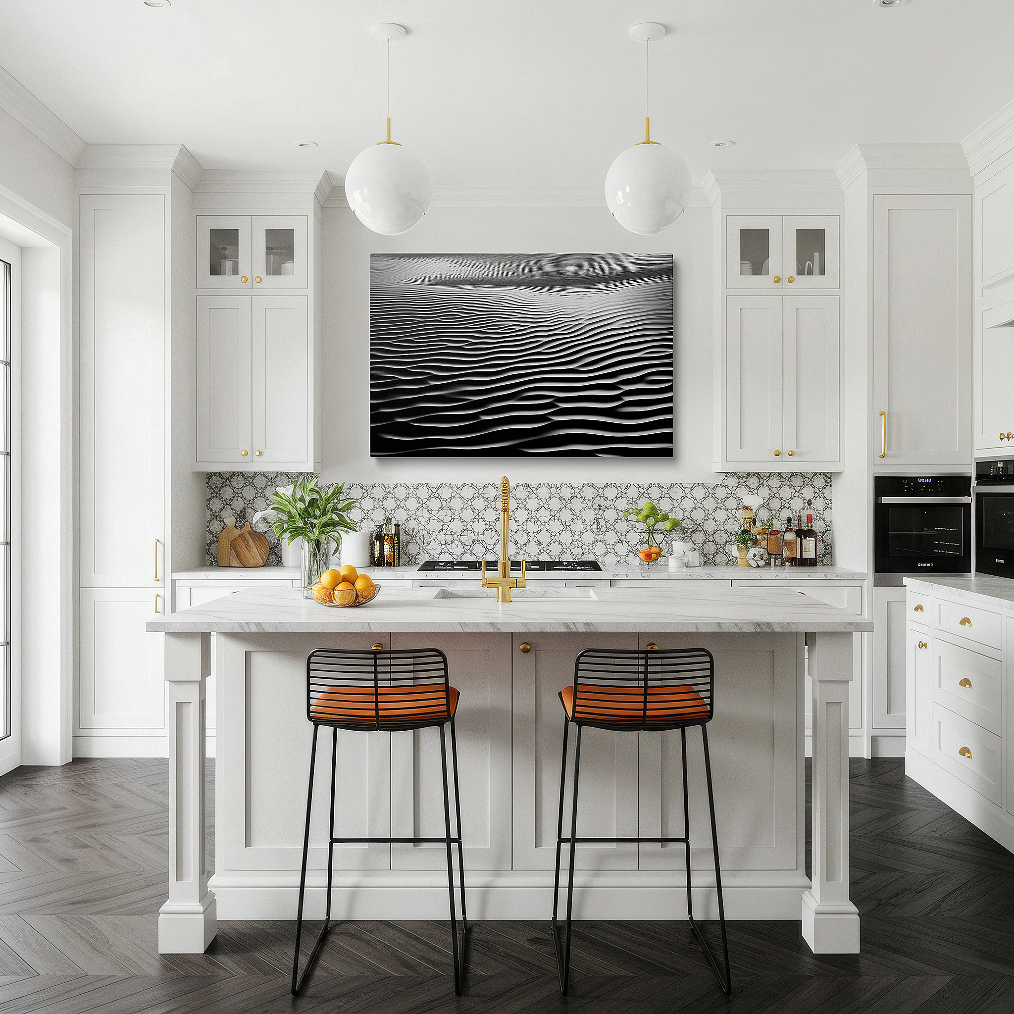 Featured in a dining room with dark wood furniture and candlelight — monochrome waves in motion: tranquil black and white large wall art, canvas decor for office and bedroom