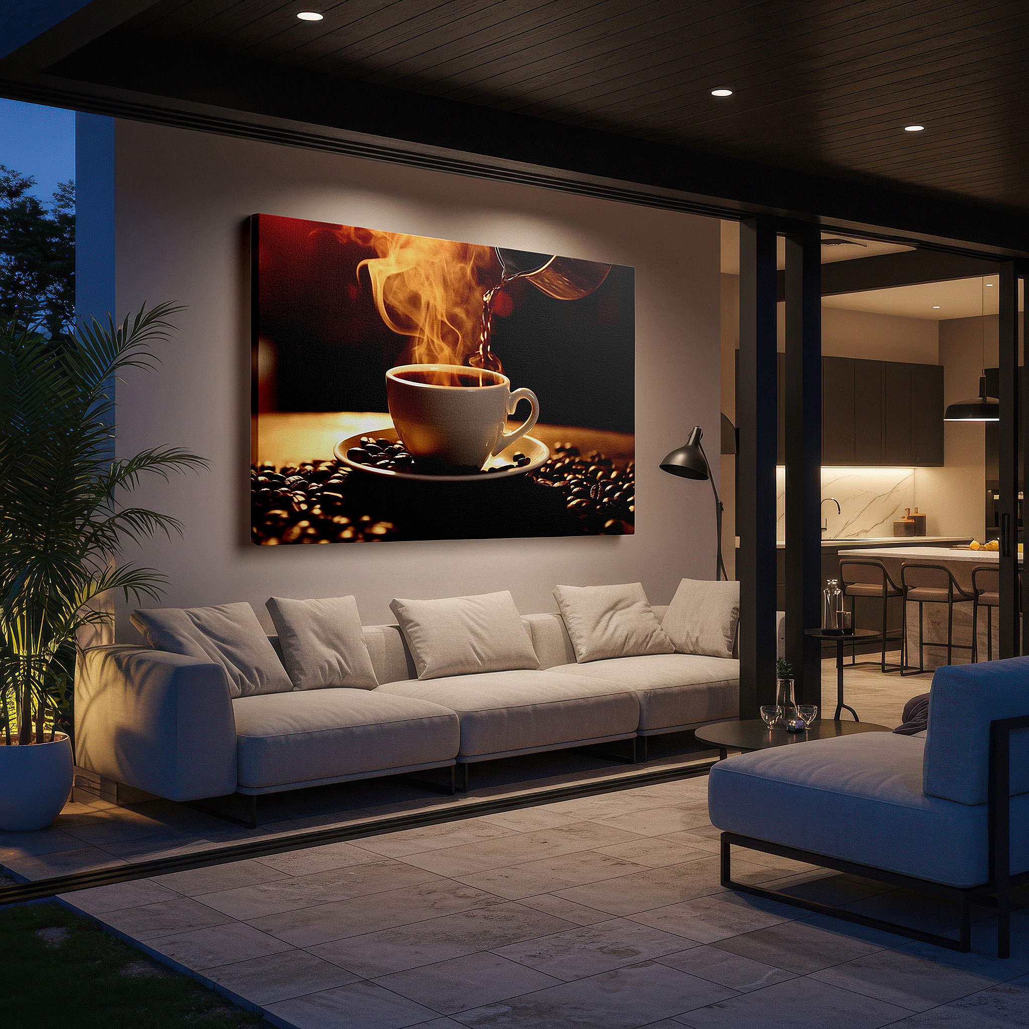 Featured in a dining room with dark wood furniture and candlelight — morning ritual featuring steaming coffee and shiny beans large wall art, canvas wall decor, office wall decor, bedroom wall decor, living room wall art