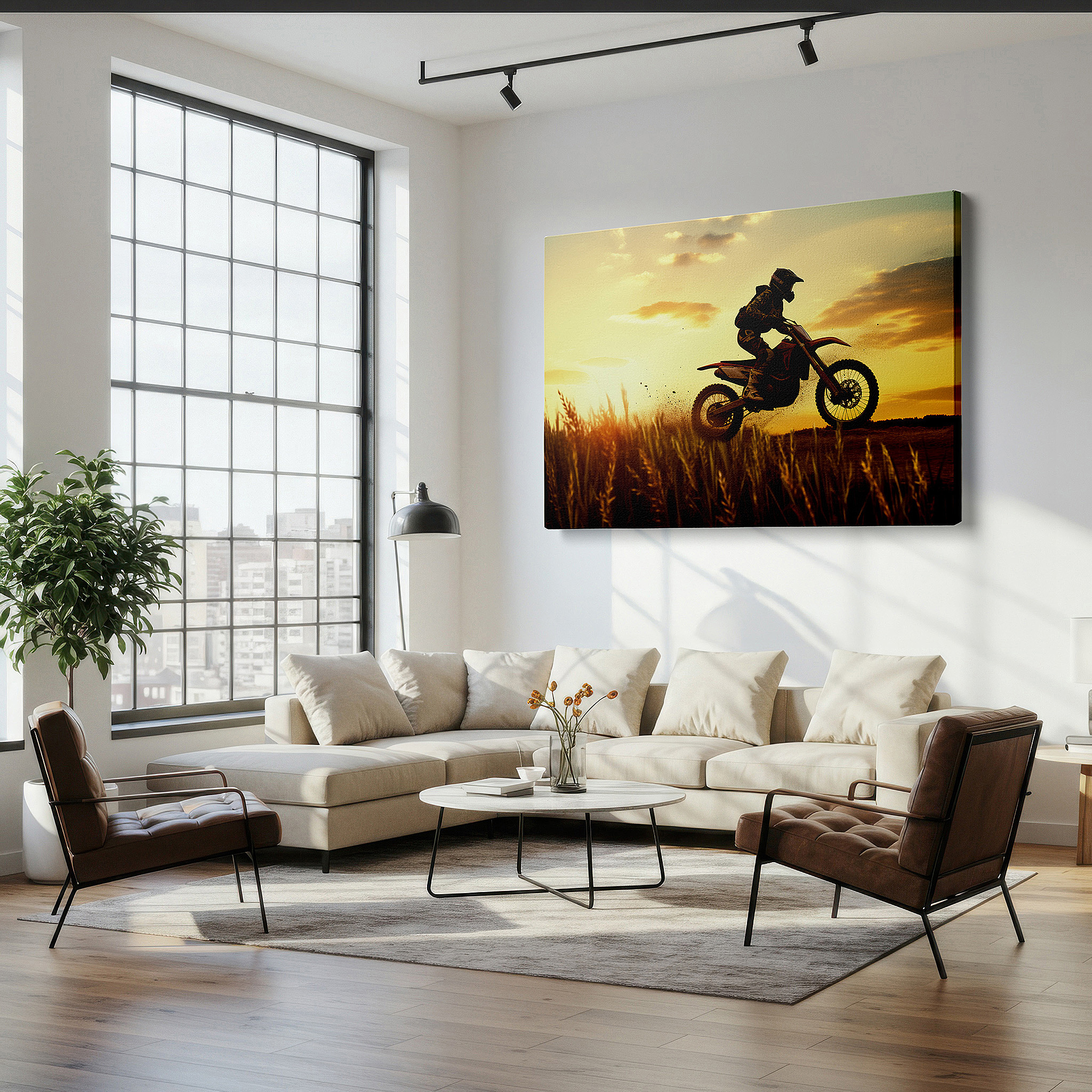 Featured in a dining room with dark wood furniture and candlelight — motocross magic at sunset over golden wheat field: large canvas wall art for office, bedroom, and living room decor