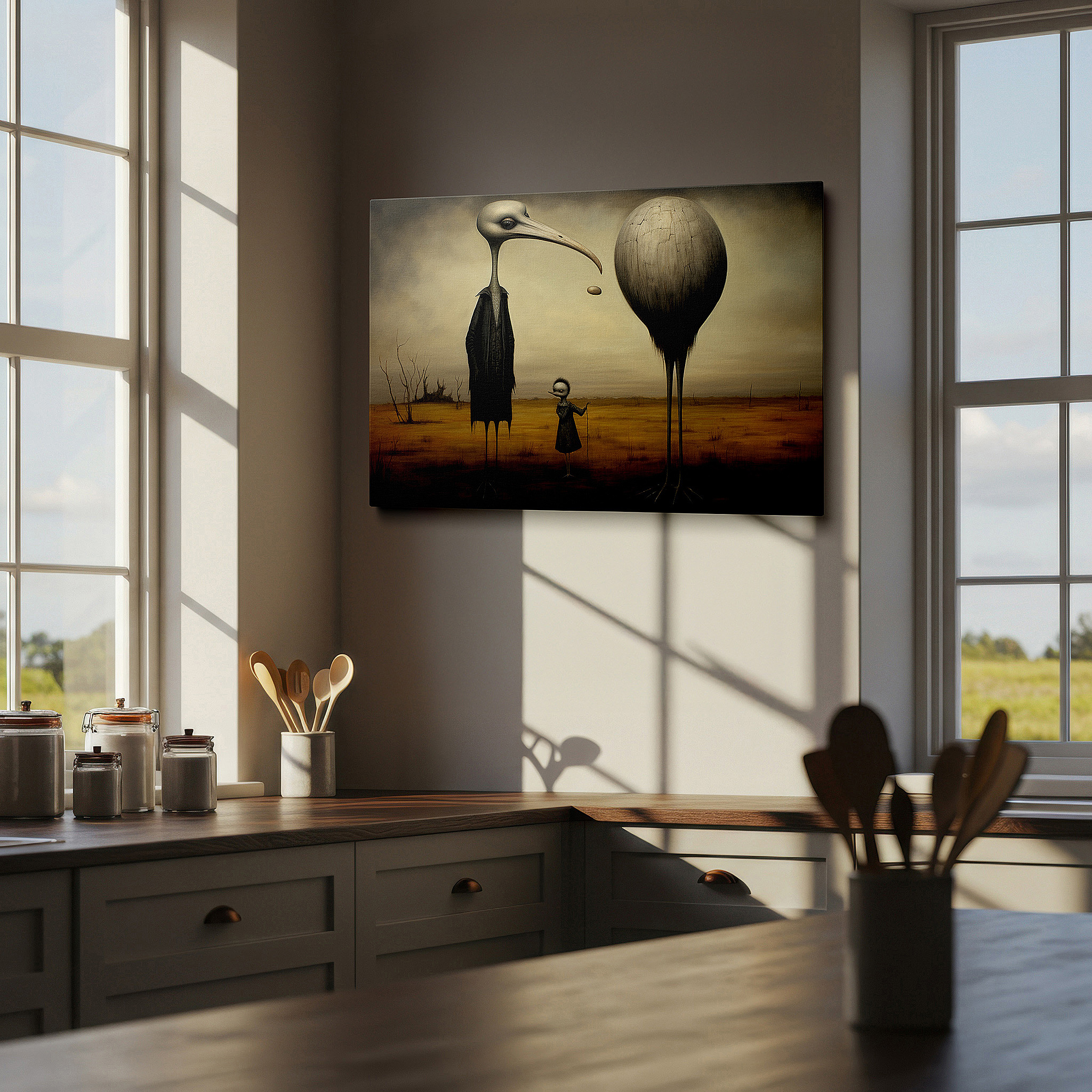 Featured in a dining room with dark wood furniture and candlelight — mysterious figures and a regal bird in an endless surreal landscape: large canvas wall art for office and bedroom decor