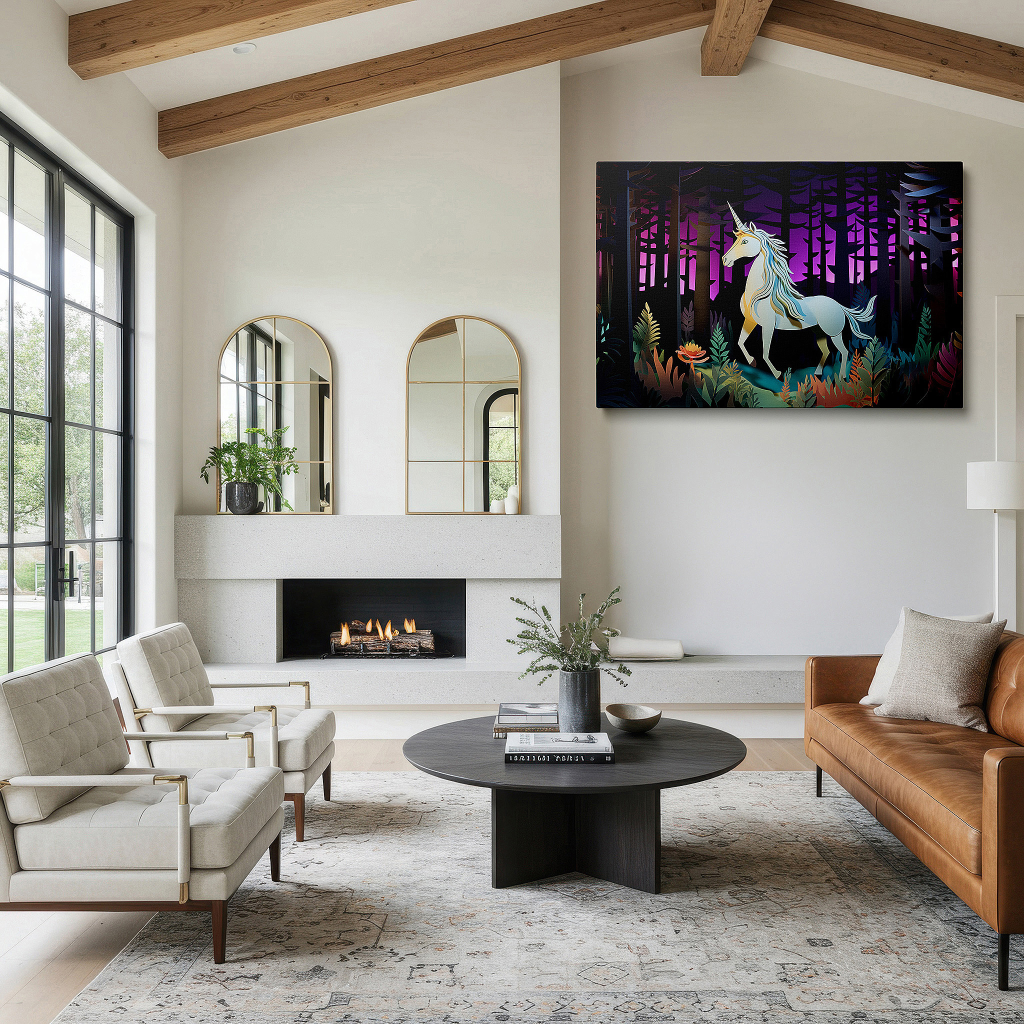 Featured in a dining room with dark wood furniture and candlelight — mystical unicorn in an enchanted forest, magical vision and dream-themed large wall art, canvas wall art for office and bedroom decor
