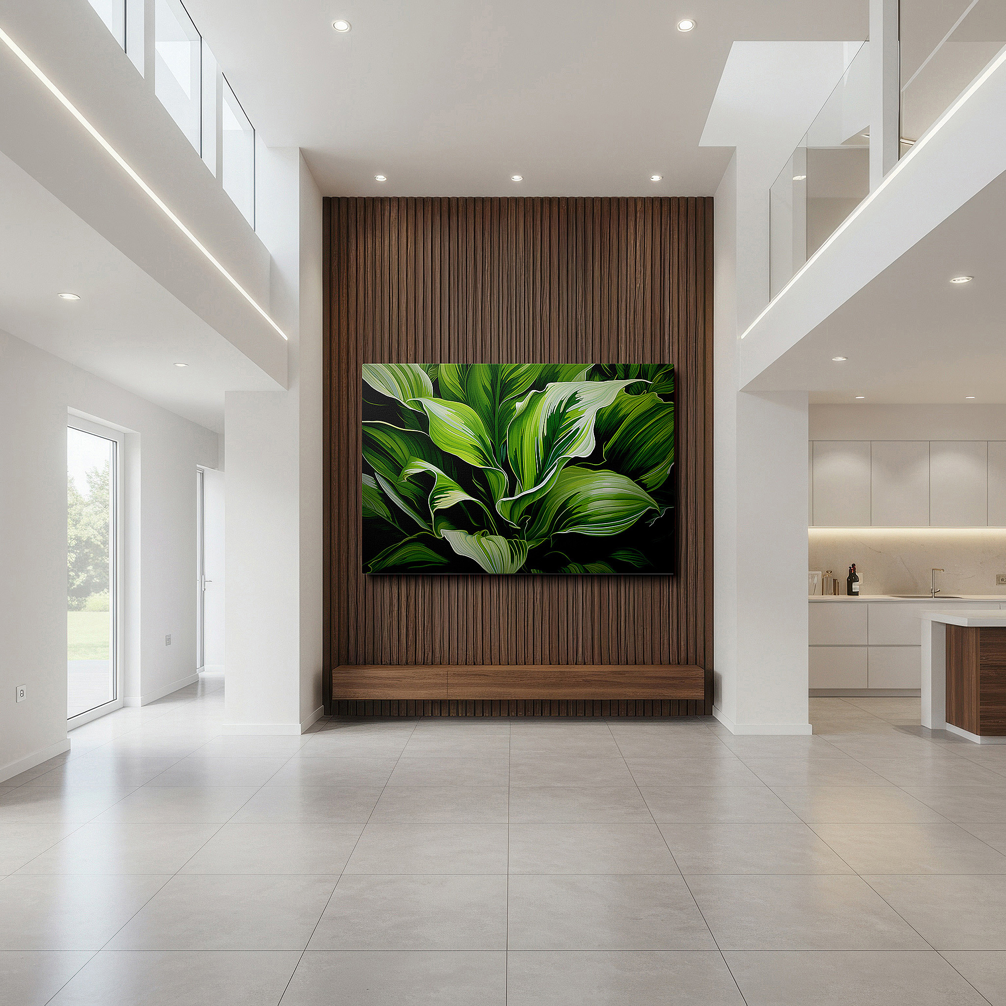 Featured in a dining room with dark wood furniture and candlelight — nature's palette: vibrant greens and detailed textures in large canvas wall art for home and office decor