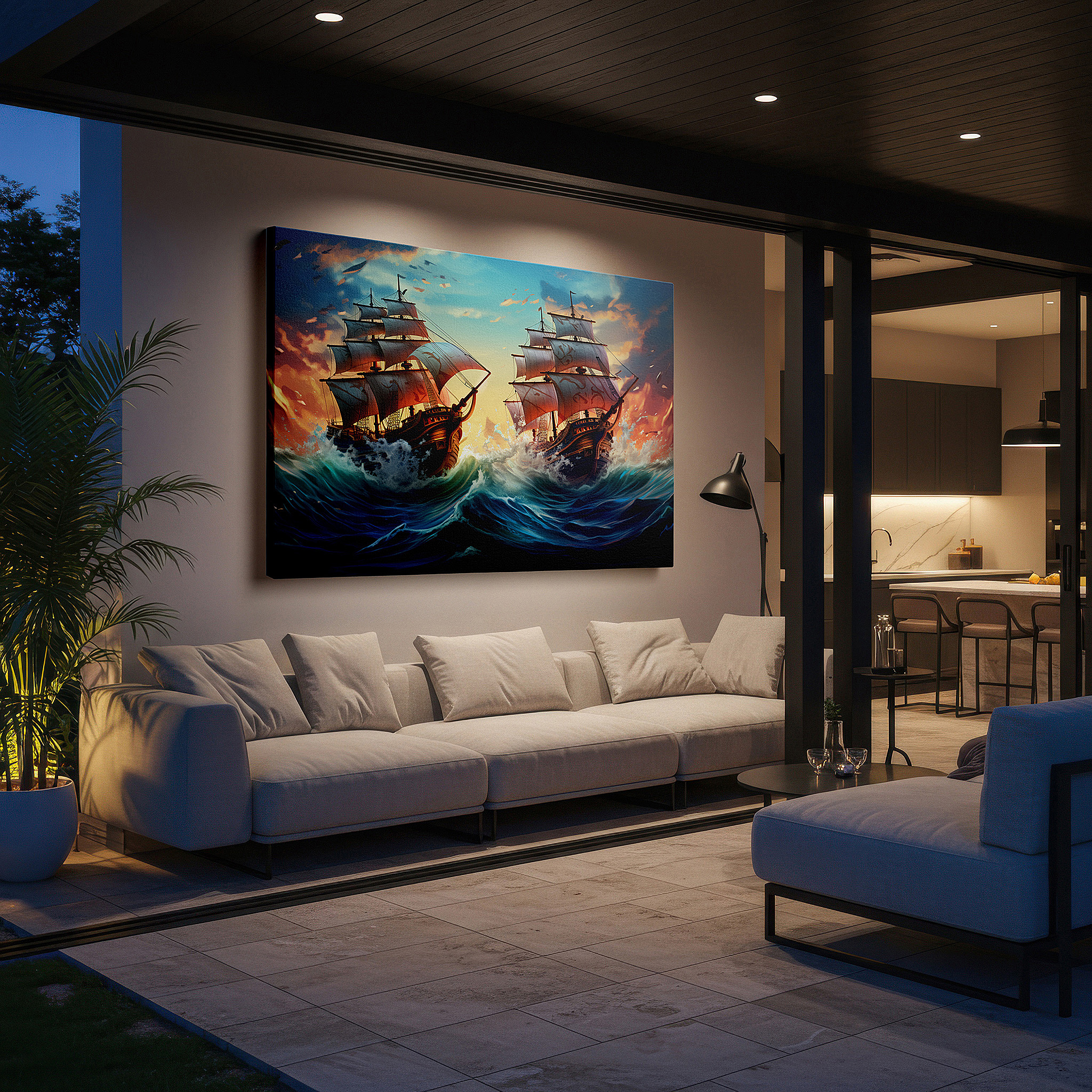 Featured in a dining room with dark wood furniture and candlelight — naval battle excellence: stunning maritime combat scene, oversized canvas wall art for home and office decor
