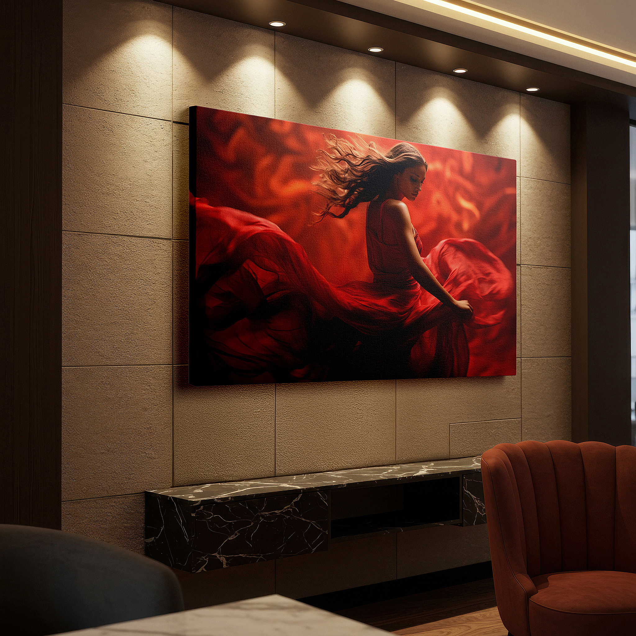Featured in a dining room with dark wood furniture and candlelight — passionate dance in flowing red dress wall art, large canvas decor for office, bedroom, and living room