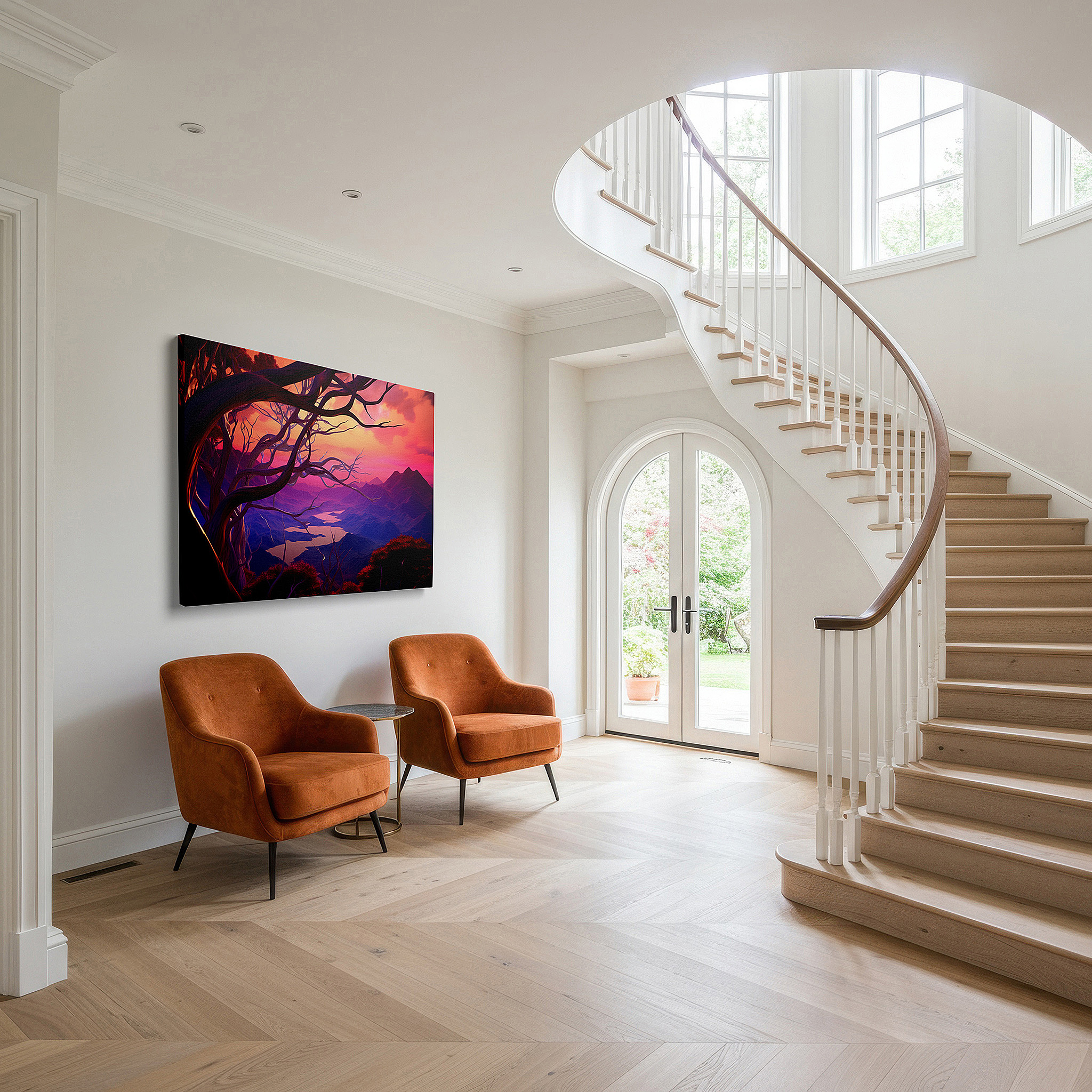 Featured in a dining room with dark wood furniture and candlelight — pink and purple ethereal landscape with tranquil trees and majestic mountains, large canvas wall art for office and bedroom decor