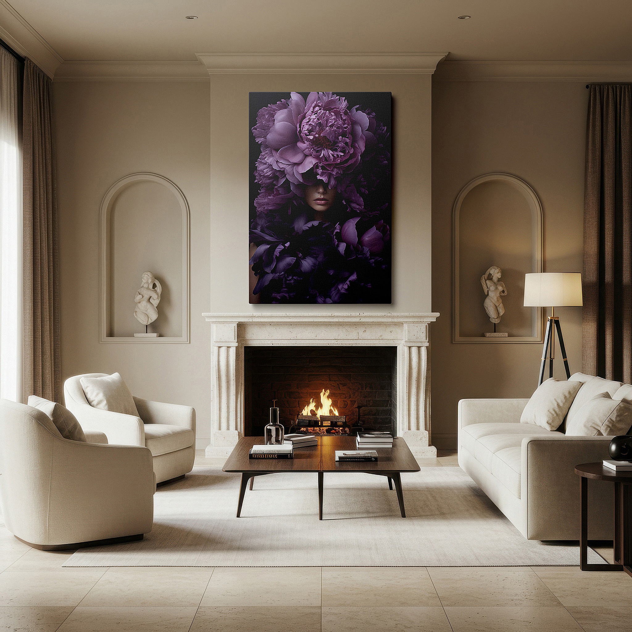 Featured in a dining room with dark wood furniture and candlelight — purple peonies and serene model with floral crown large wall art, canvas wall art, wall decor for office and bedroom