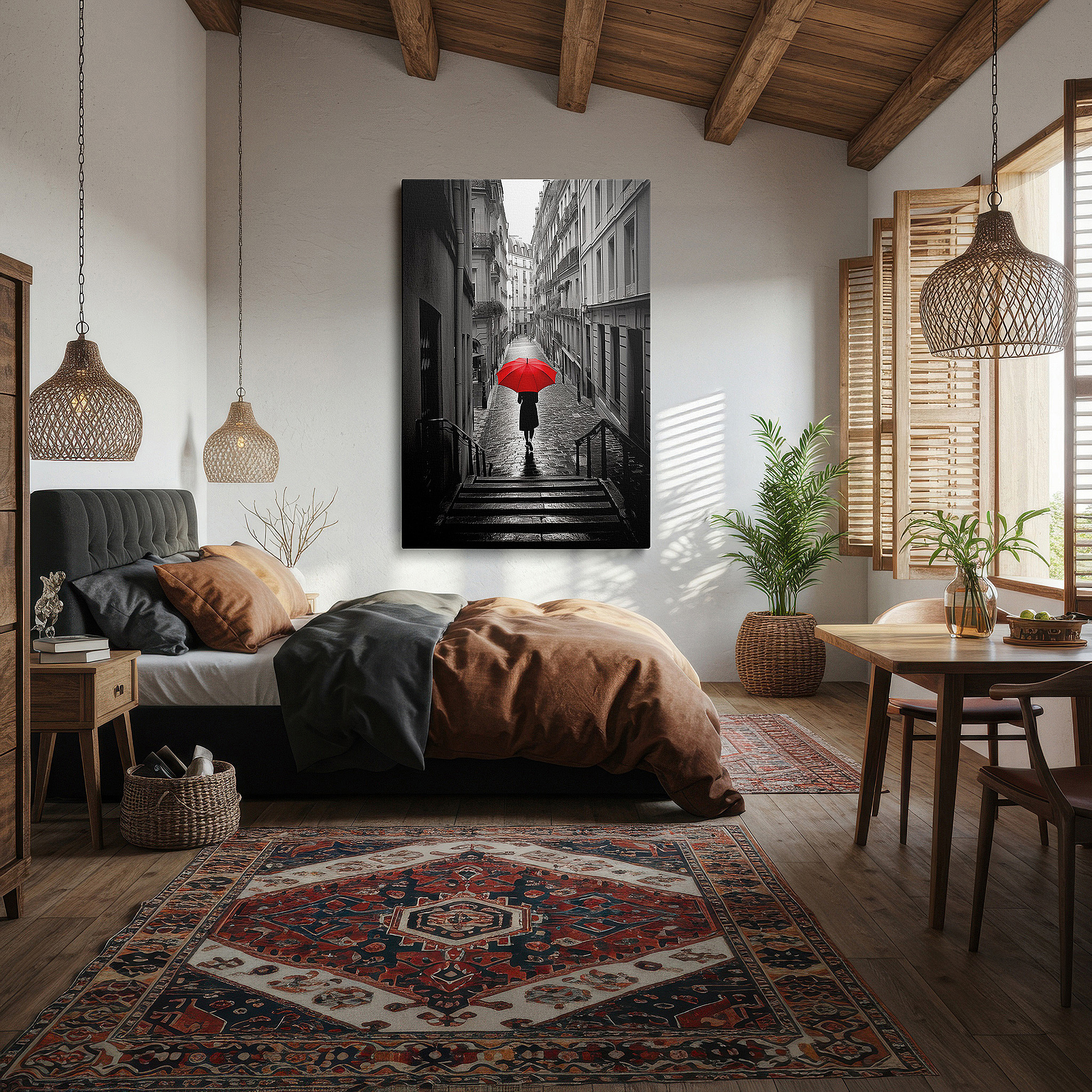 Featured in a dining room with dark wood furniture and candlelight — red umbrella on rainy paris street large canvas wall art for office, living room, and bedroom decor