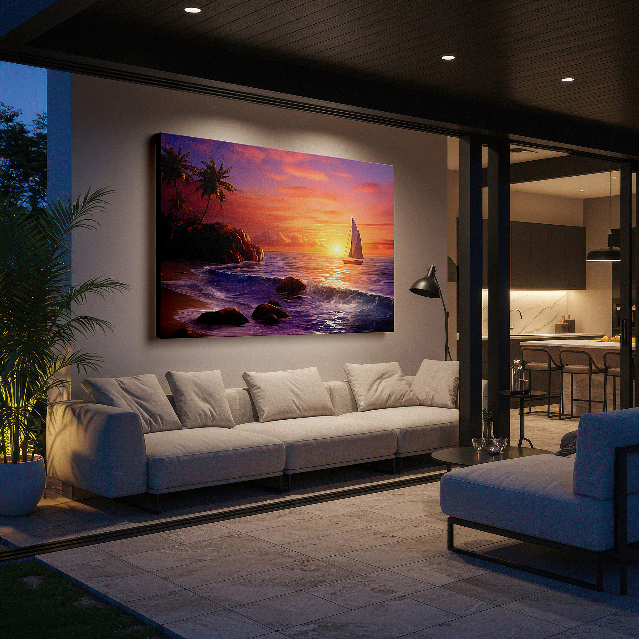 Featured in a dining room with dark wood furniture and candlelight — sailboat at sunset - serene journey over reflective waves large wall art, canvas wall art, wall decor for office and bedroom