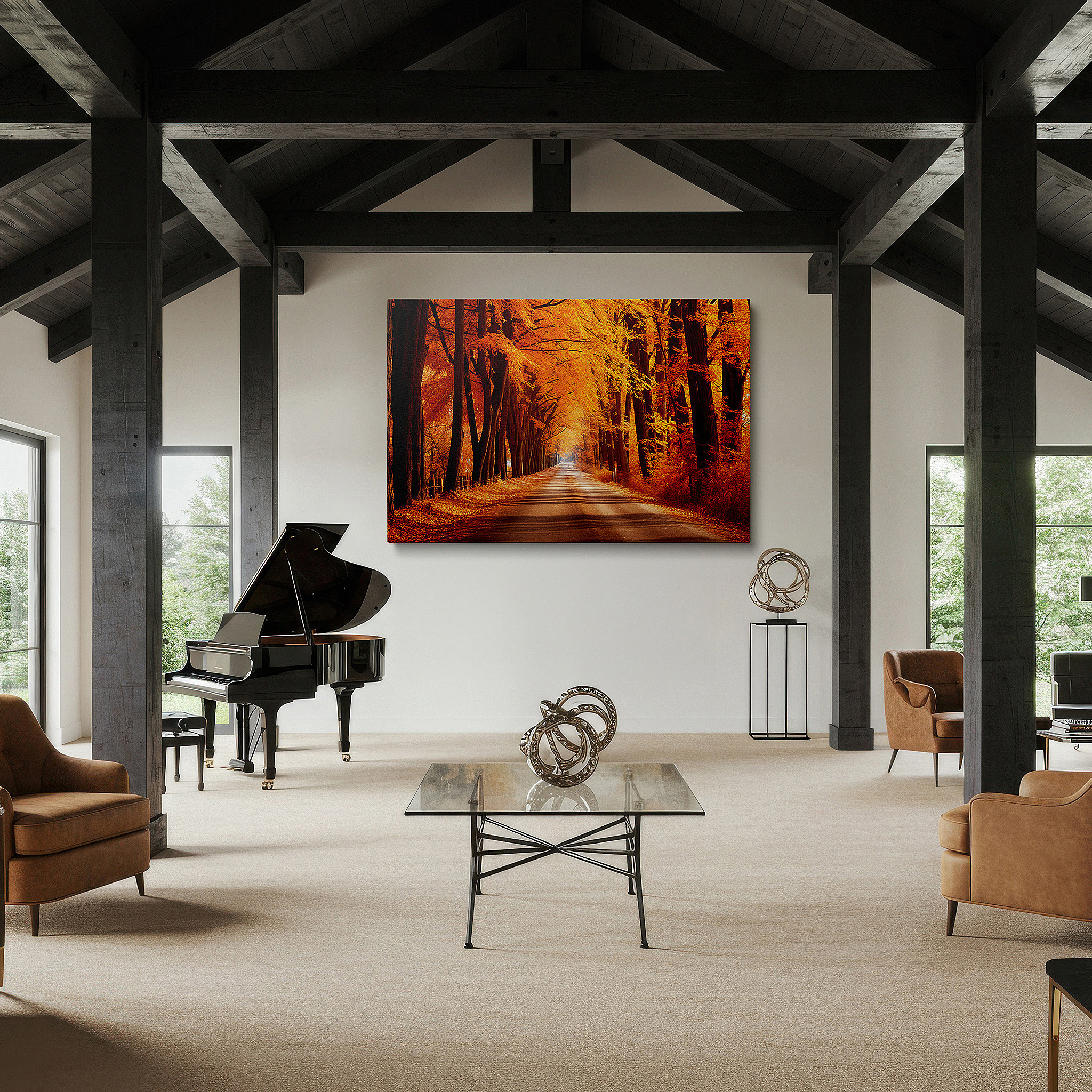 Featured in a dining room with dark wood furniture and candlelight — serene avenue beneath a lively orange canopy: a journey through autumn splendor - large canvas wall art for office and bedroom decor