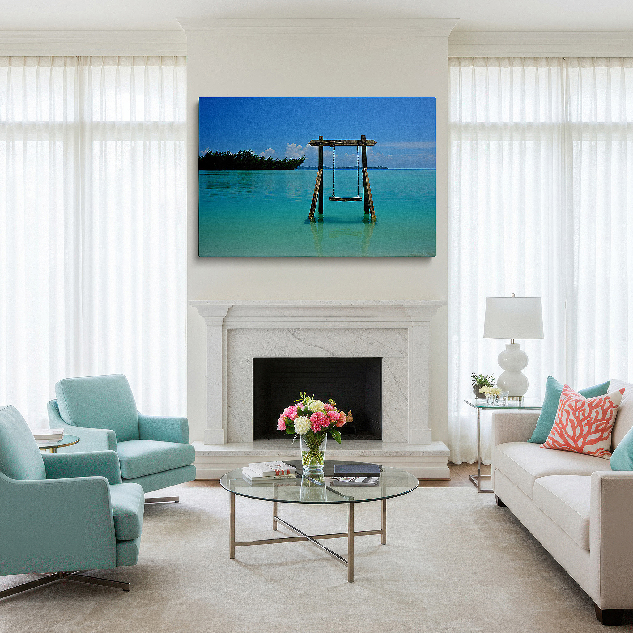 Featured in a dining room with dark wood furniture and candlelight — serene beach landscape featuring a lone swing above turquoise waters - large canvas wall art for office, bedroom, and living room decor