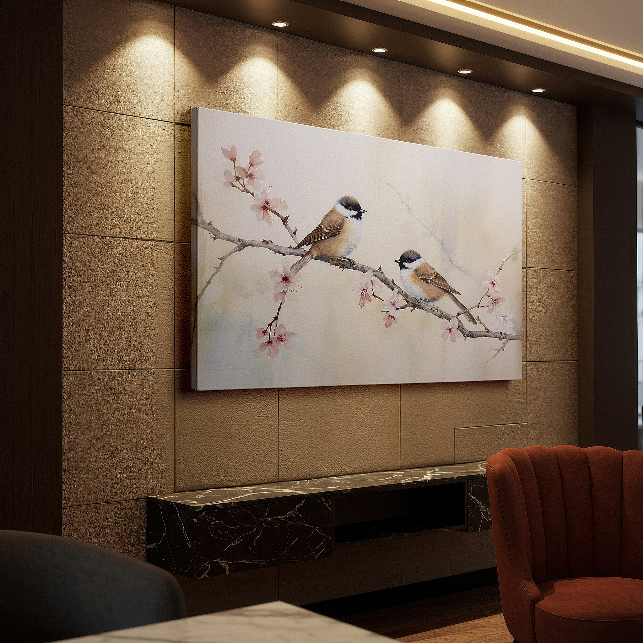 Featured in a dining room with dark wood furniture and candlelight — serene birds and cherry blossoms: a tranquil spring symphony - large wall art, canvas wall art, wall decor for office, bedroom, and living room