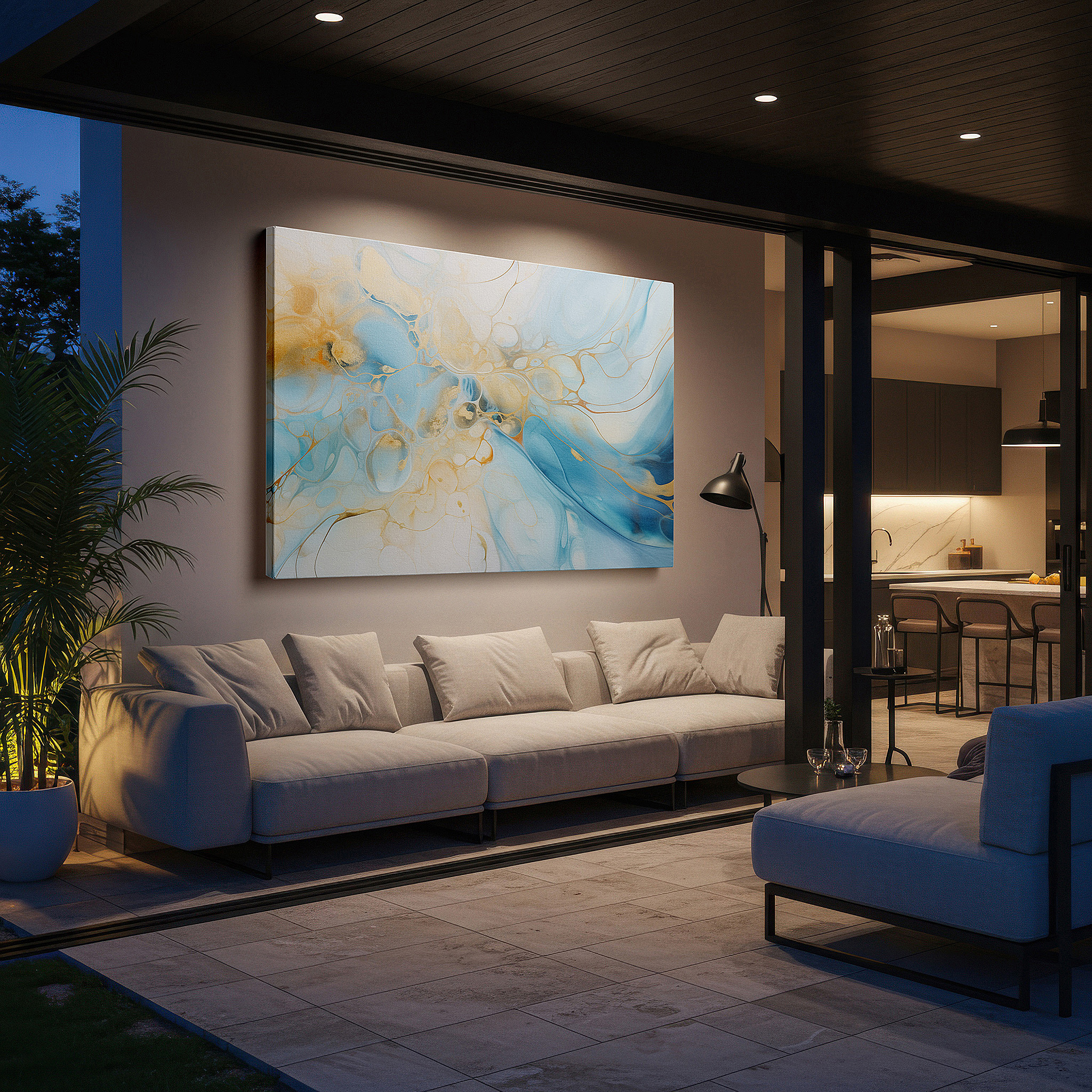 Featured in a dining room with dark wood furniture and candlelight — serene blues and glowing golds: a sophisticated abstract masterpiece, large canvas wall art for home and office decor