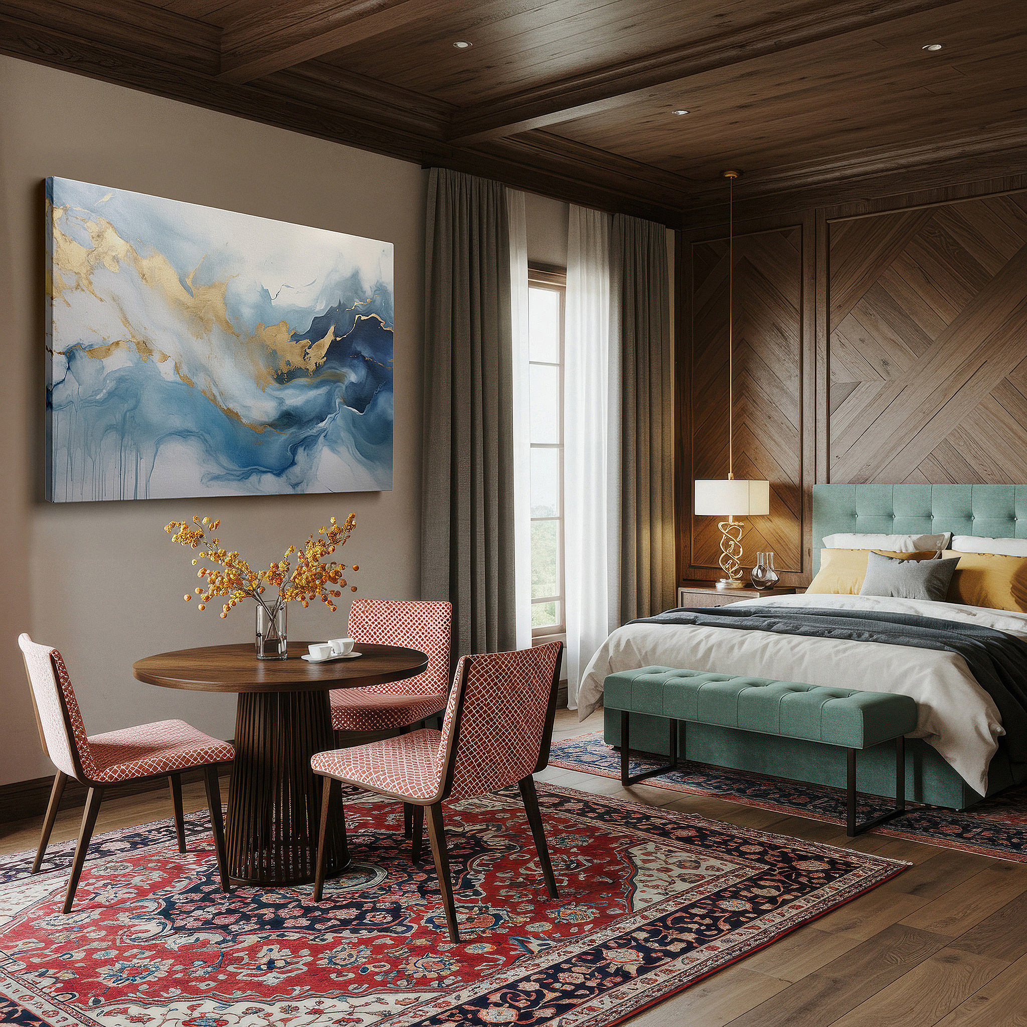 Featured in a dining room with dark wood furniture and candlelight — serene blues and golden waves: a tranquil fluid art masterpiece for contemporary spaces - large wall art, canvas wall art, wall decor