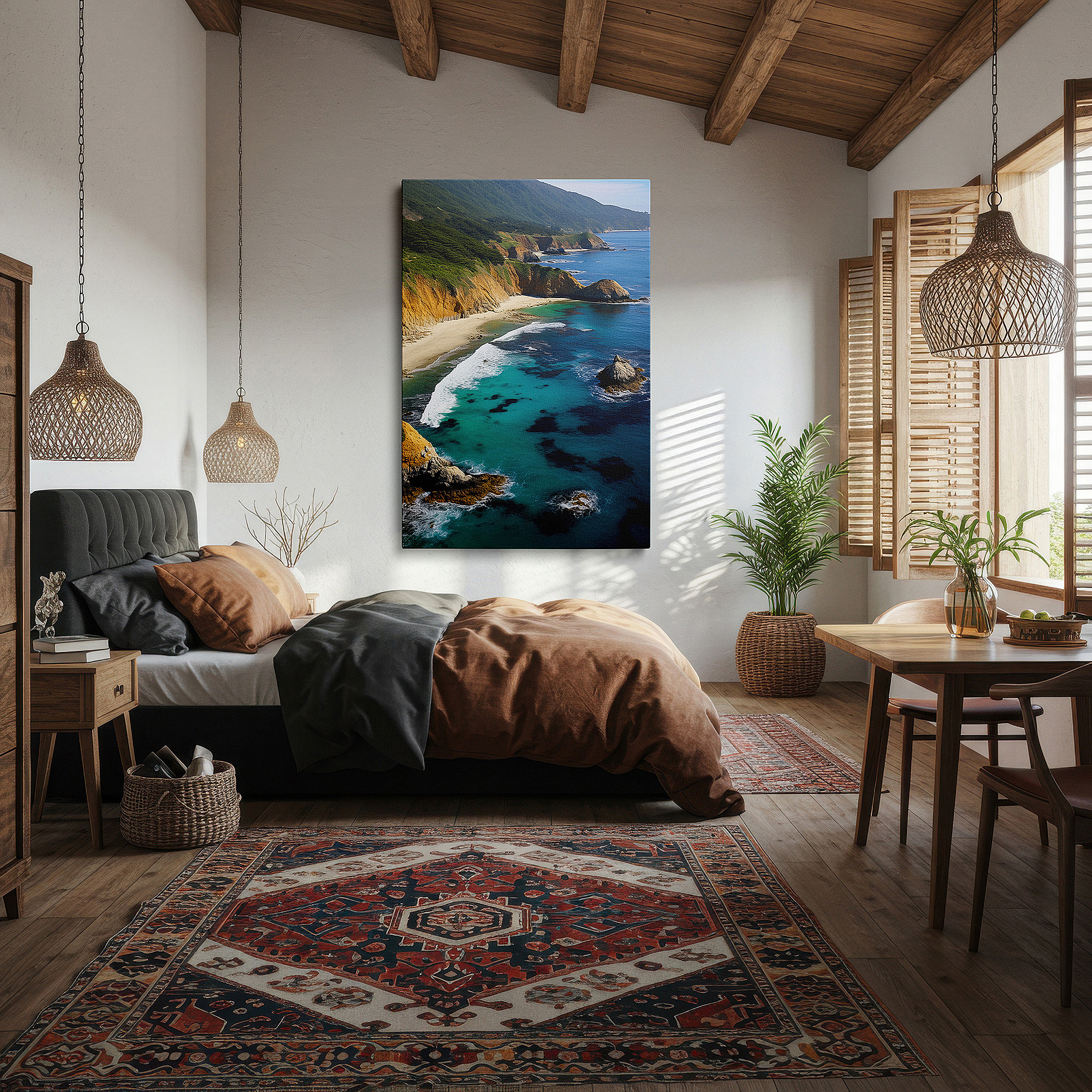 Featured in a dining room with dark wood furniture and candlelight — serene coastal retreat: rugged cliffs and turquoise waters - large wall art, canvas wall art, wall decor for office, bedroom, and living room