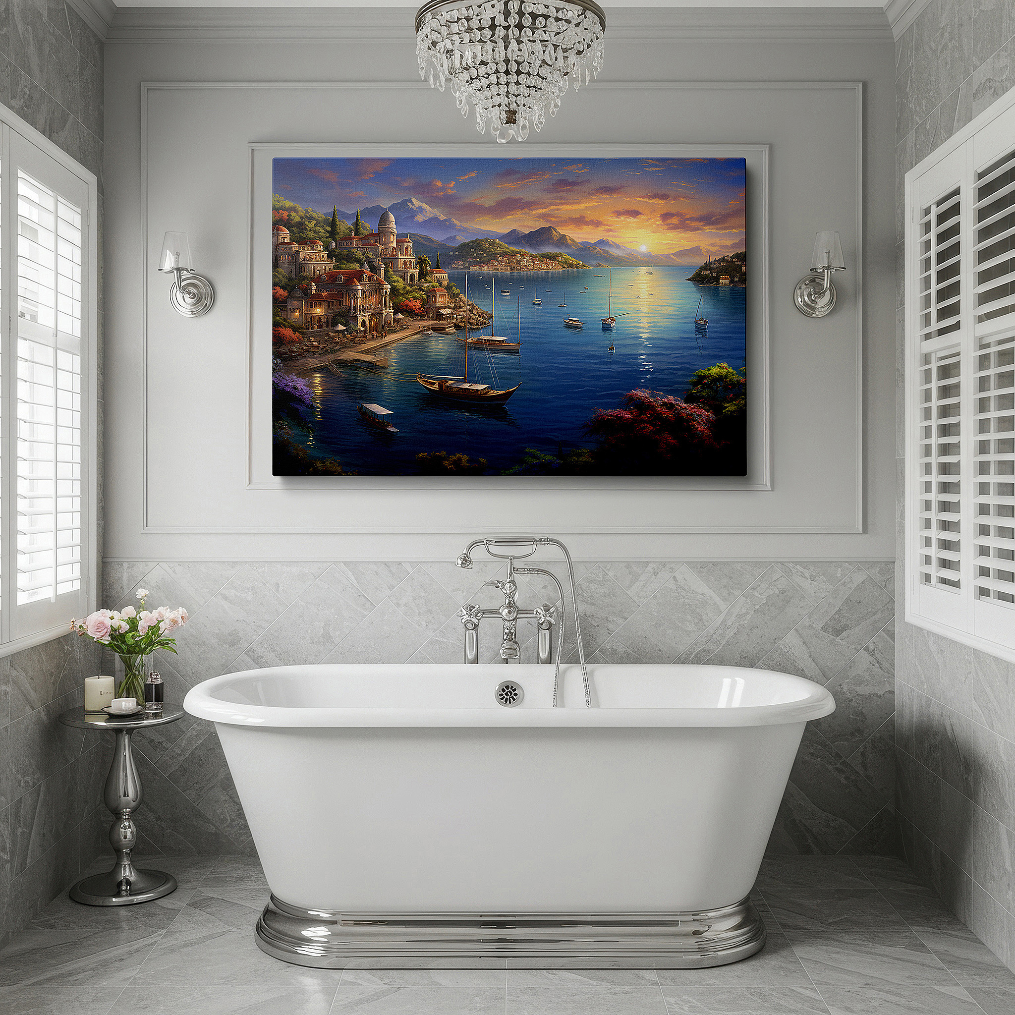 Featured in a dining room with dark wood furniture and candlelight — serene coastal village at sunset: quaint buildings bathed in golden glow - large wall art, canvas wall art, wall decor for office