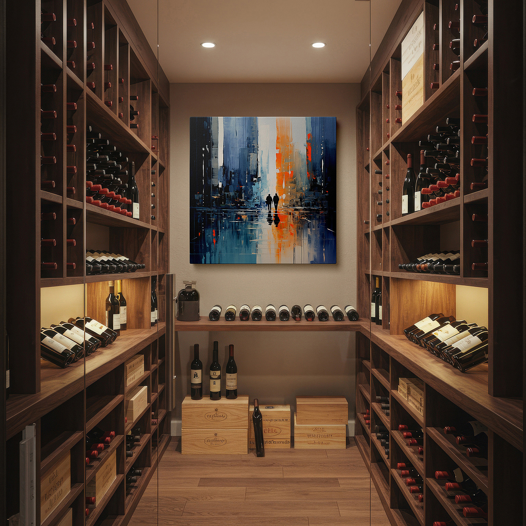 Featured in a dining room with dark wood furniture and candlelight — serene companionship in the twilight glow amidst a busy cityscape: large wall art, canvas wall art, wall decor for office and bedroom