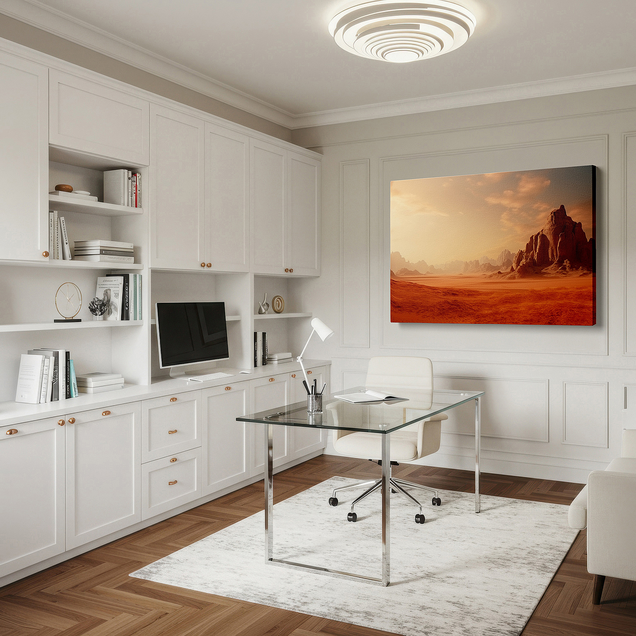 Featured in a dining room with dark wood furniture and candlelight — serene desert scene with grand rock structures and earthy tones - large canvas wall art for office and bedroom decor