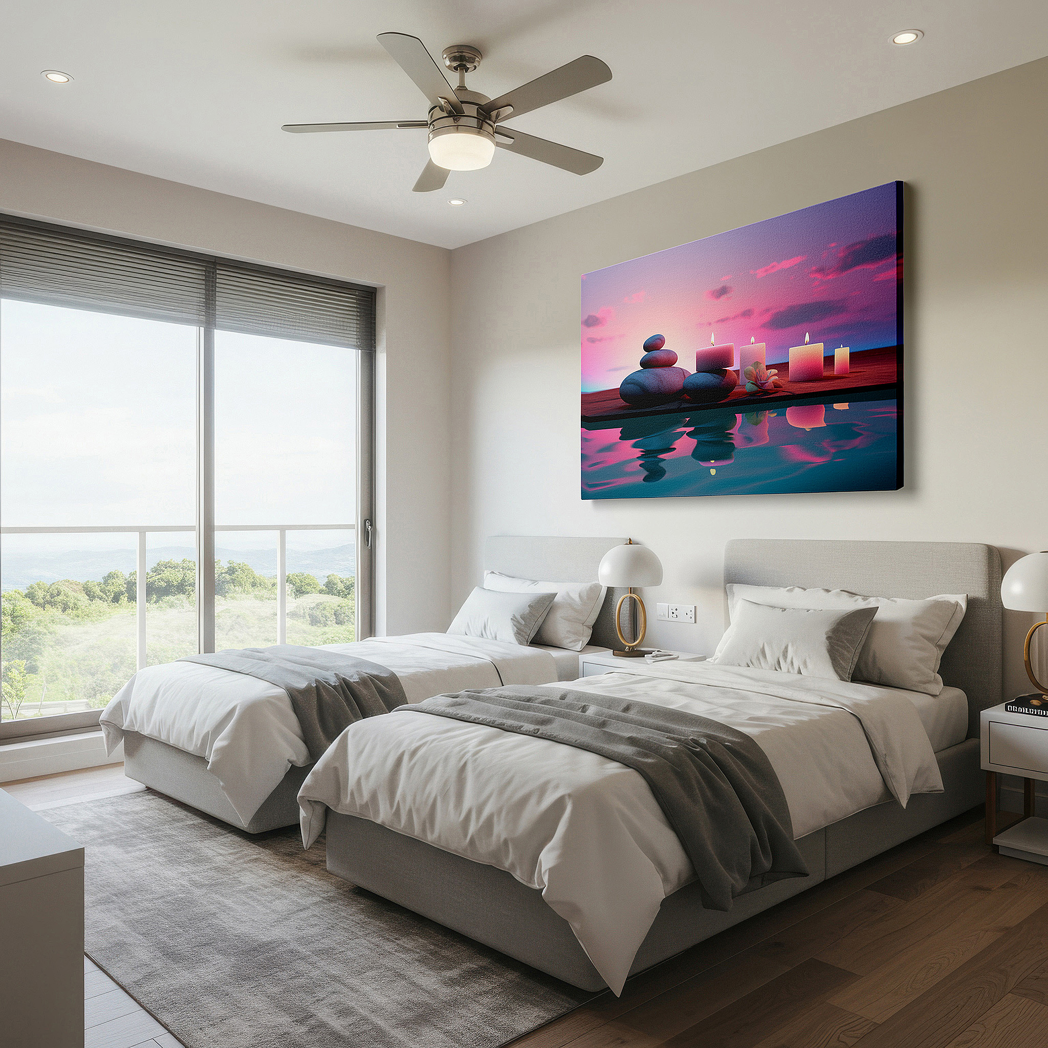 Featured in a dining room with dark wood furniture and candlelight — serene dusk wall art: smooth stones and flickering candles under a vibrant sunset sky - large canvas wall art for office and bedroom decor