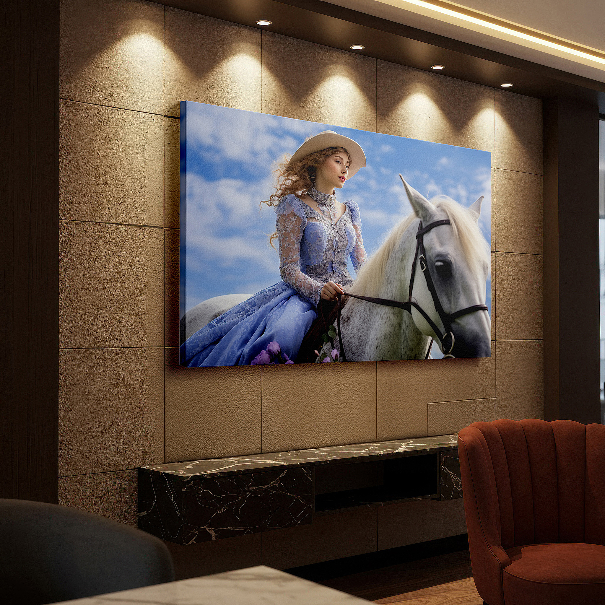 Featured in a dining room with dark wood furniture and candlelight — serene elegance of a young woman in blue on a majestic white horse: large canvas wall art for office and bedroom decor