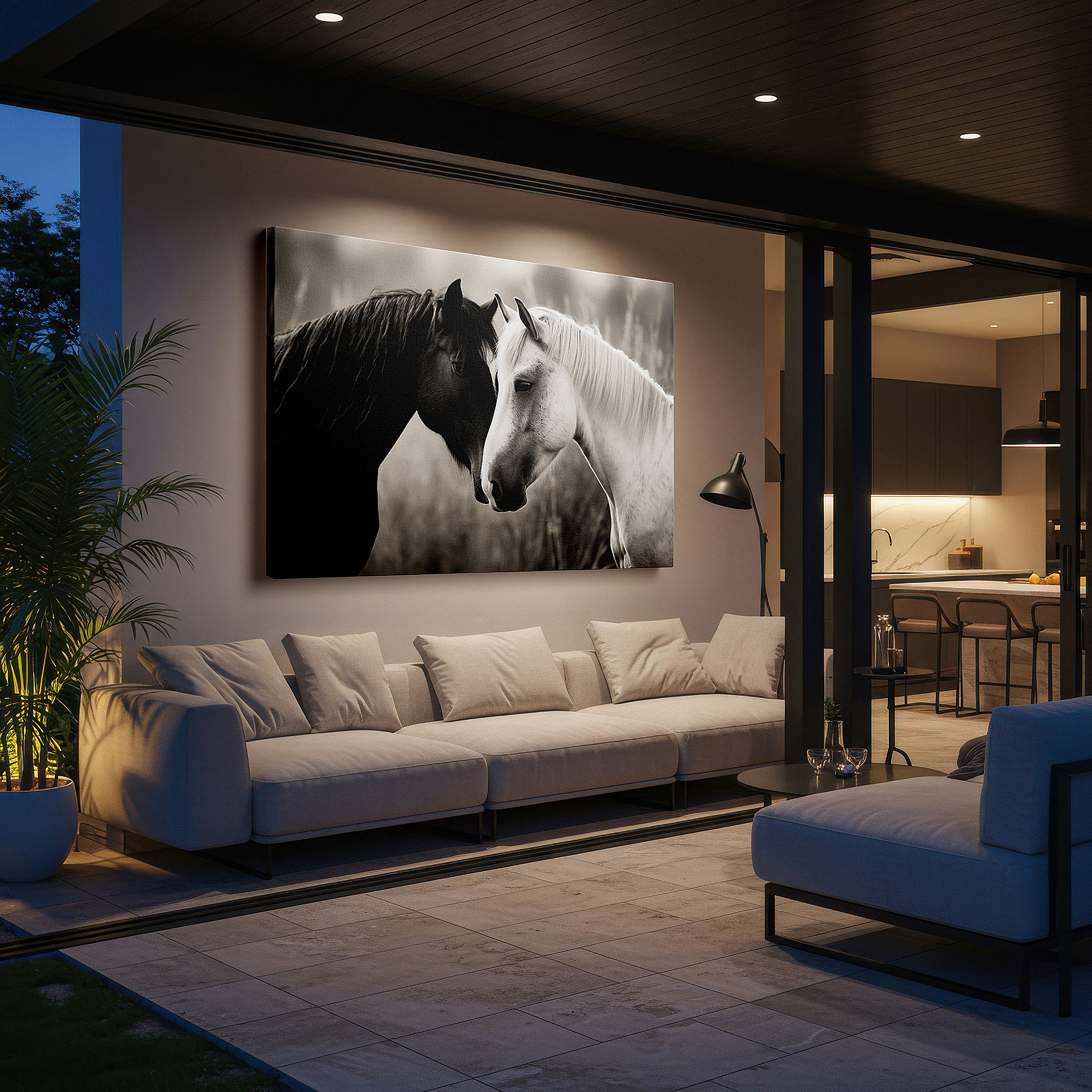 Featured in a dining room with dark wood furniture and candlelight — serene embrace: two horses symbolizing friendship and peace - large canvas wall art for home and office decor
