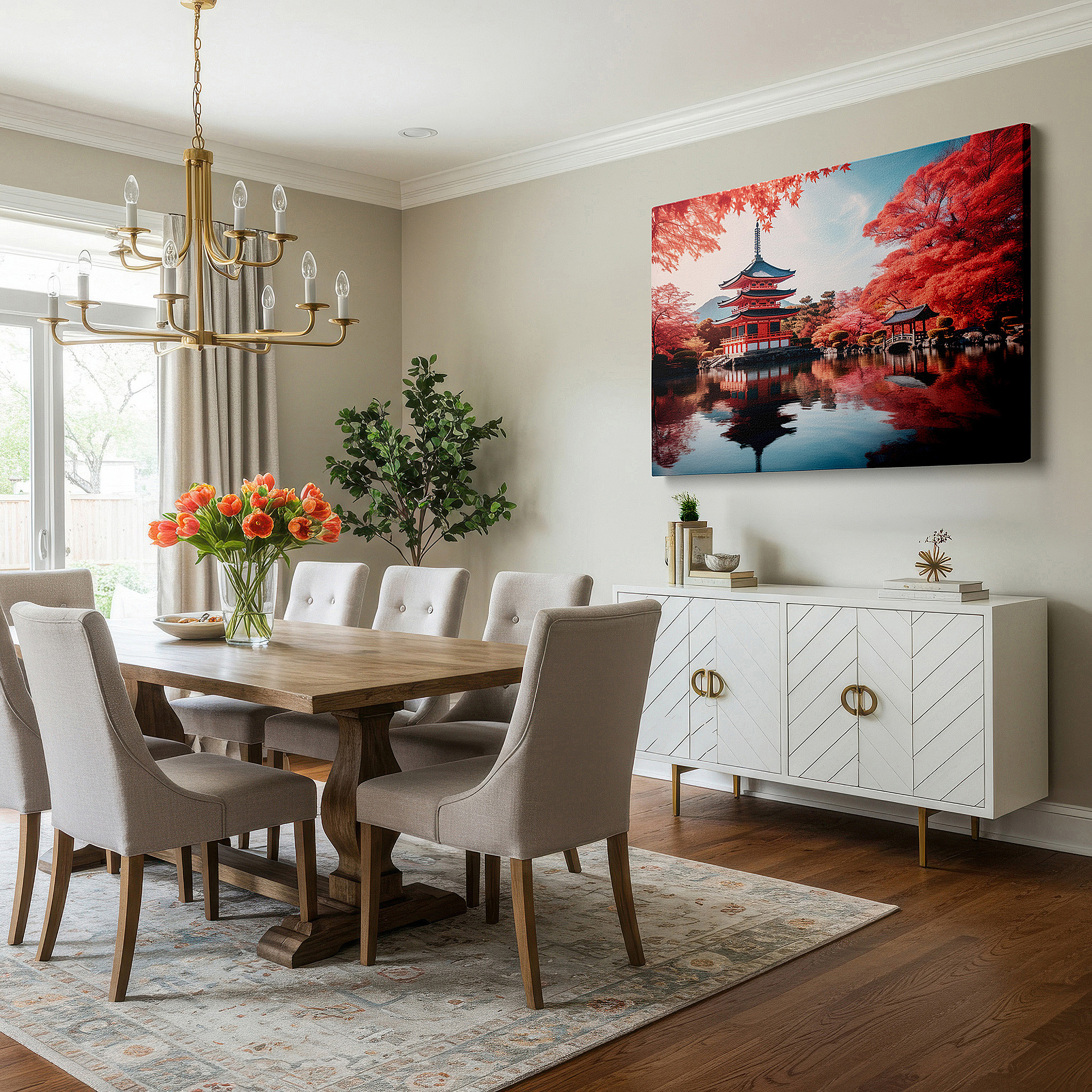 Featured in a dining room with dark wood furniture and candlelight — serene japanese pagoda surrounded by autumn leaves, peaceful reflections on calm water large wall art, canvas wall art, wall decor for office