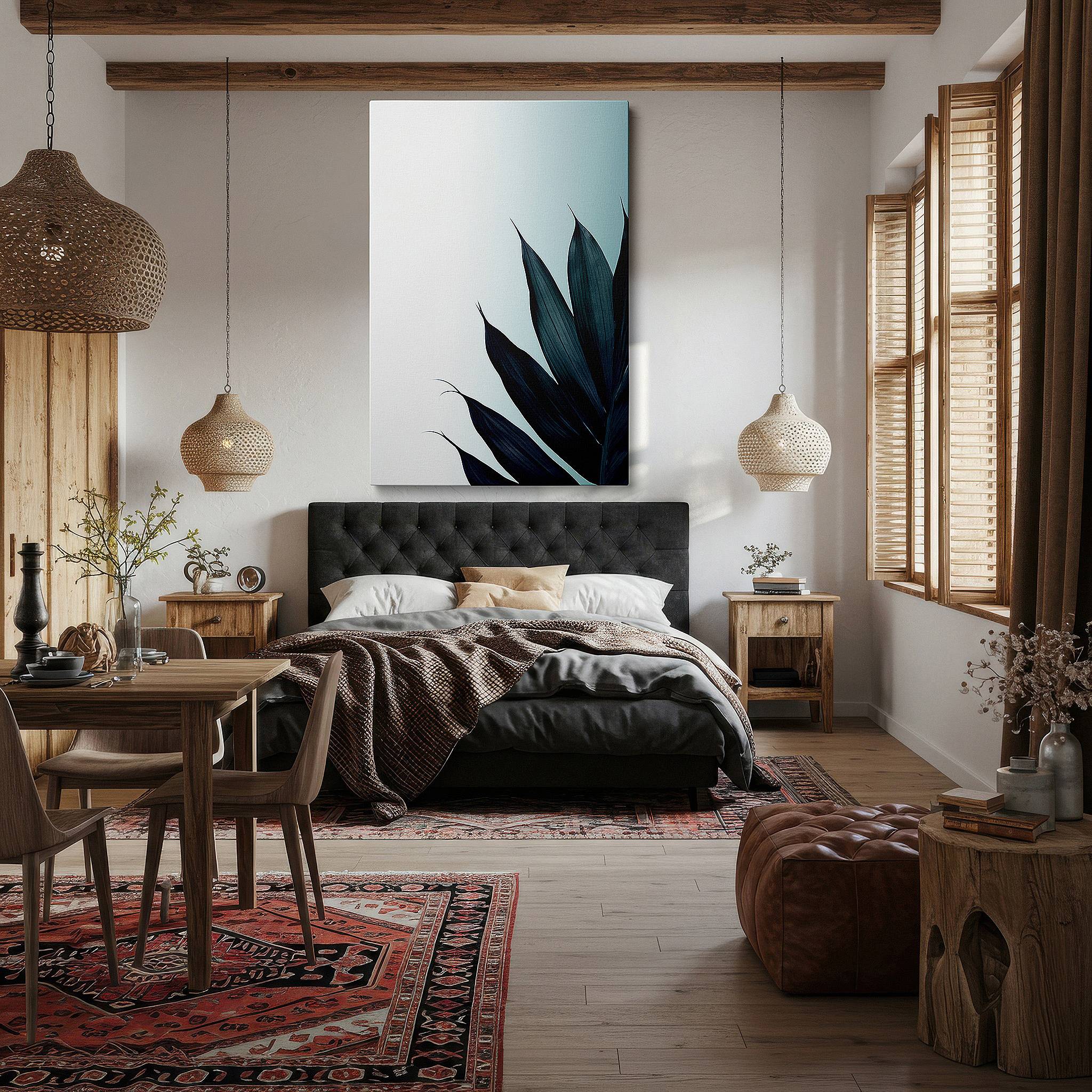 Featured in a dining room with dark wood furniture and candlelight — serene leaves at dawn's gradient: emblem of resilience and growth, minimalist large wall art, canvas decor for office