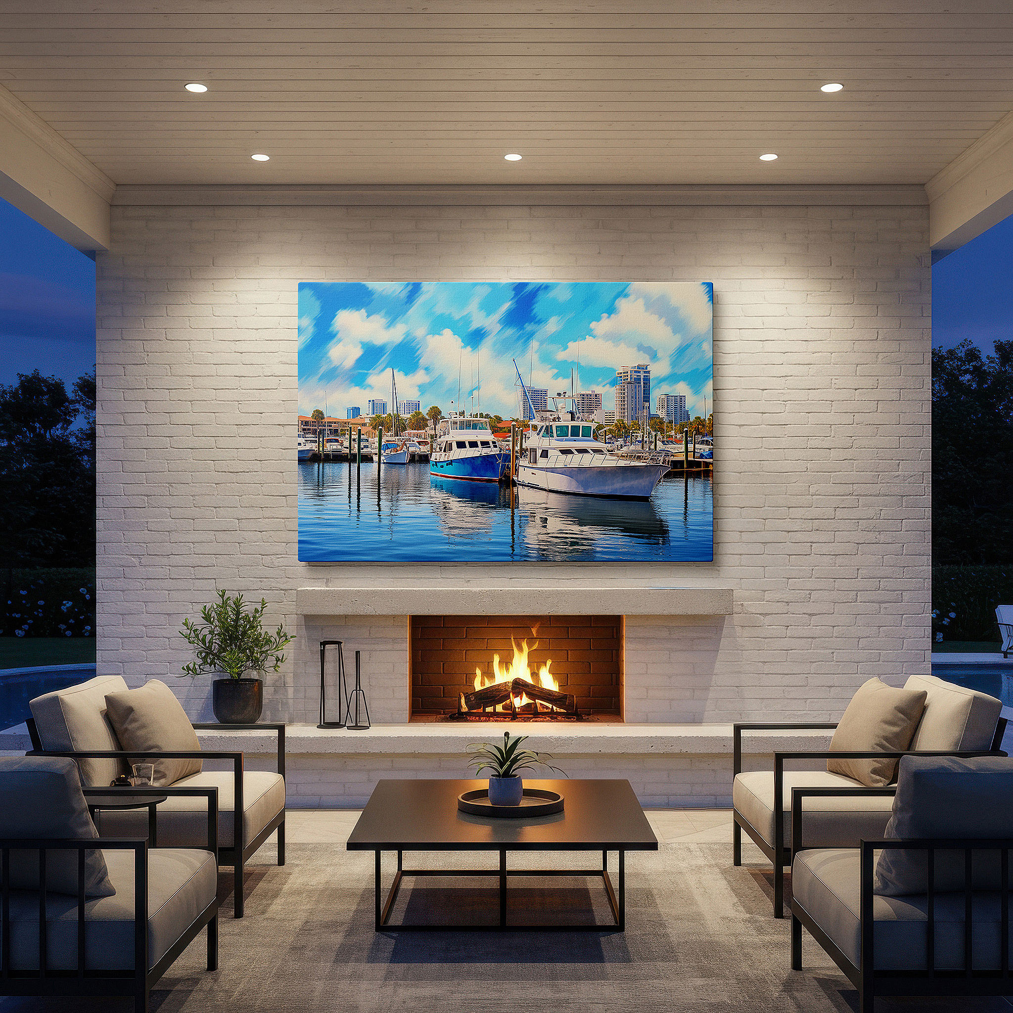 Featured in a dining room with dark wood furniture and candlelight — serene marina and dynamic city skyline, peaceful water reflections of elegant boats and tall buildings, large canvas wall art, wall decor