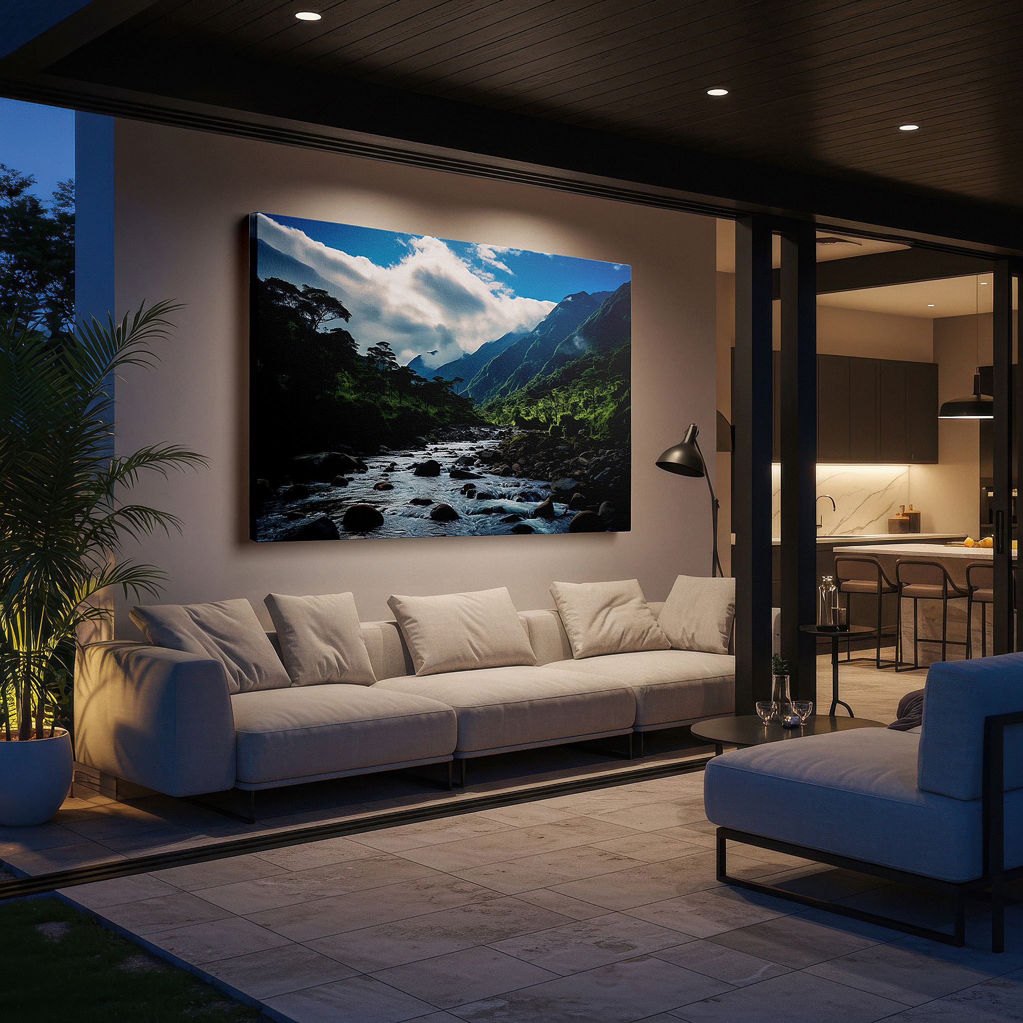 Featured in a dining room with dark wood furniture and candlelight — serene mountain river flowing through verdant hills beneath a vibrant blue sky - large canvas wall art for office and bedroom decor