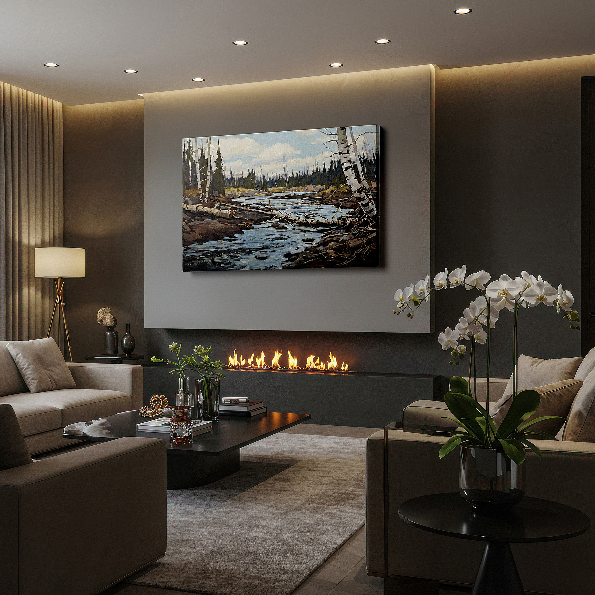 Featured in a dining room with dark wood furniture and candlelight — serene river landscape: a tranquil reflection of nature's majesty - large canvas wall art for office and bedroom decor