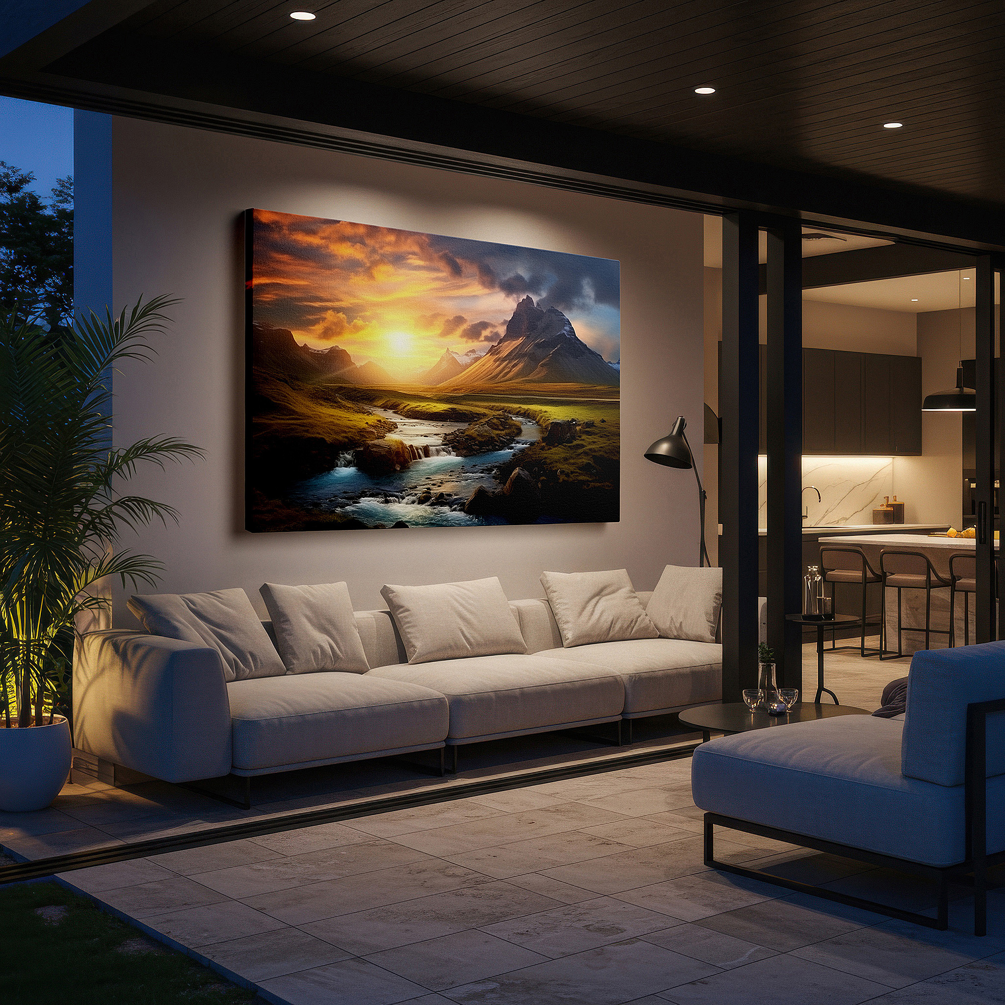 Featured in a dining room with dark wood furniture and candlelight — serene river and majestic mountains bathed in sunset's glow - large canvas wall art for office and bedroom decor
