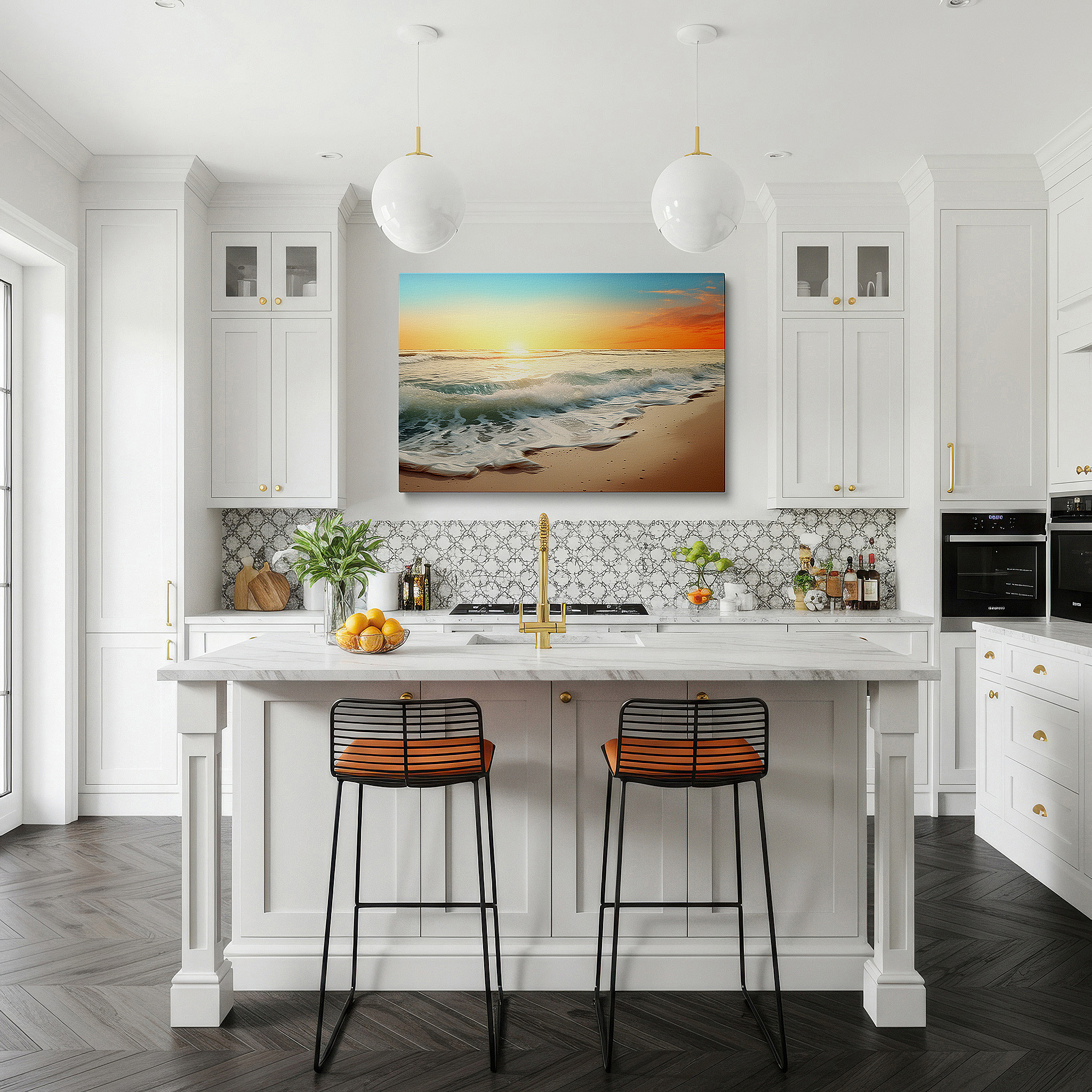 Featured in a dining room with dark wood furniture and candlelight — serene shoreline at sunset: tranquil orange and blue hues, large canvas wall art for office and bedroom decor