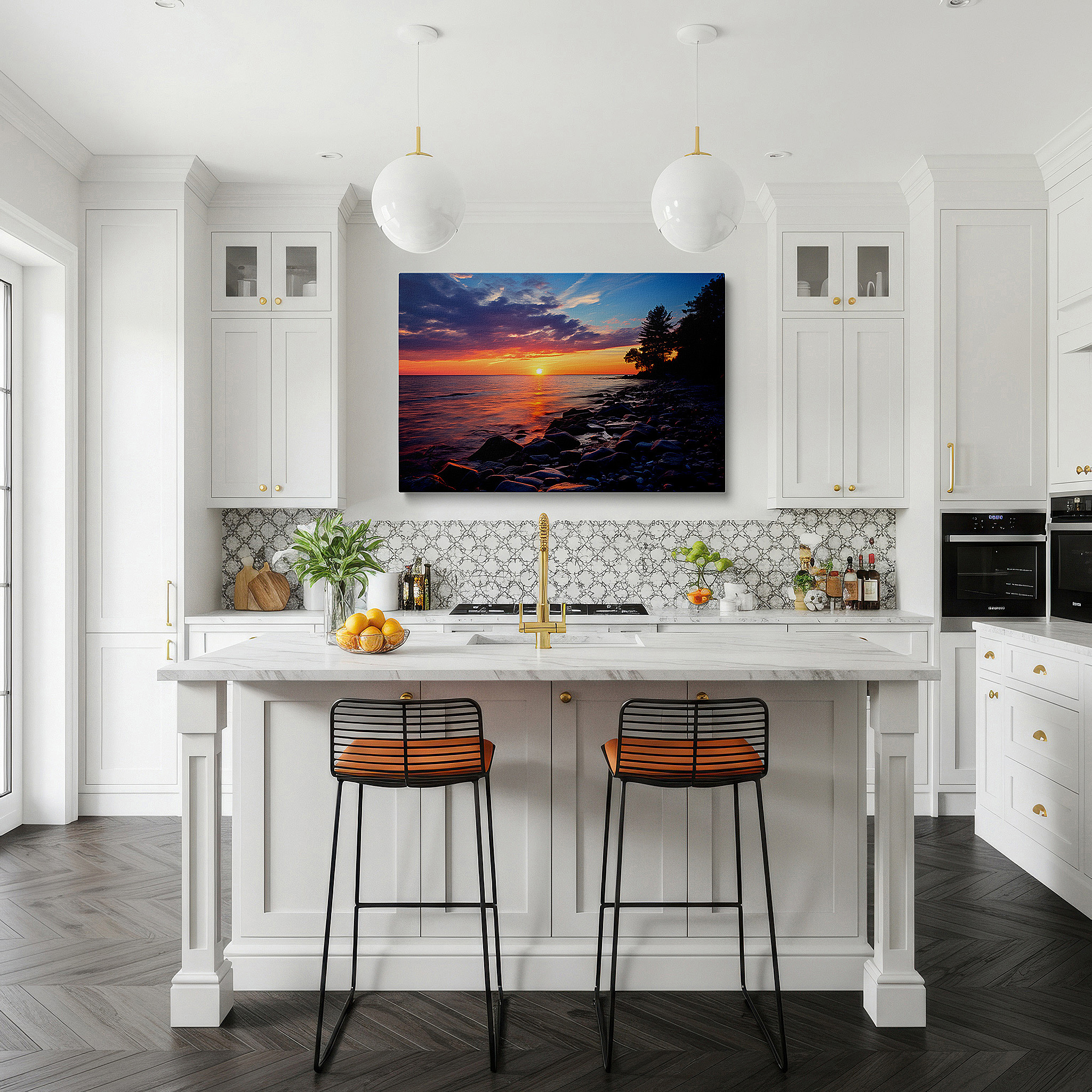 Featured in a dining room with dark wood furniture and candlelight — serene sunset at the lake: a symphony of orange, blue, and purple hues reflecting nature's splendor - large wall art, canvas wall art, wall art decor