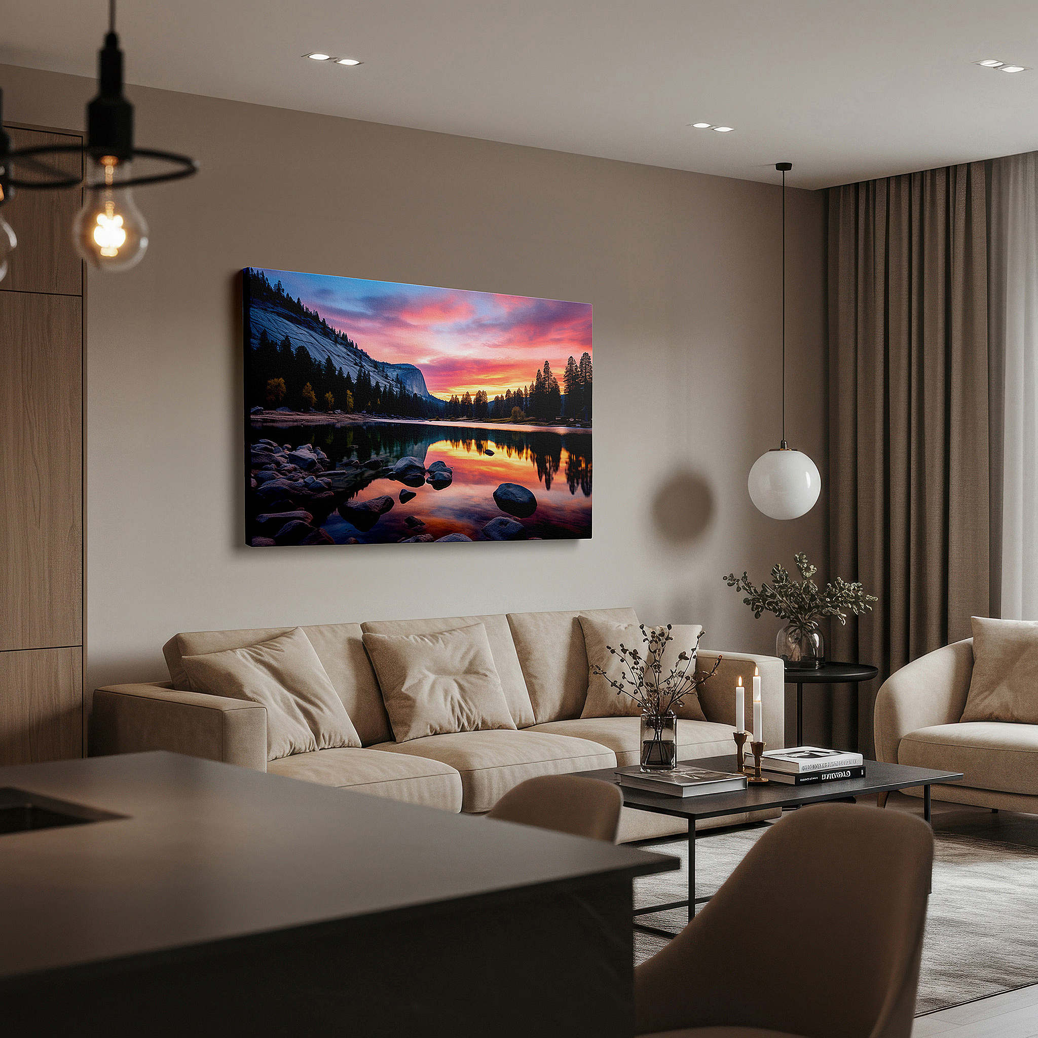 Featured in a dining room with dark wood furniture and candlelight — serene sunset over majestic rocks and calm lake wall art: large canvas for office, bedroom, and living room decor