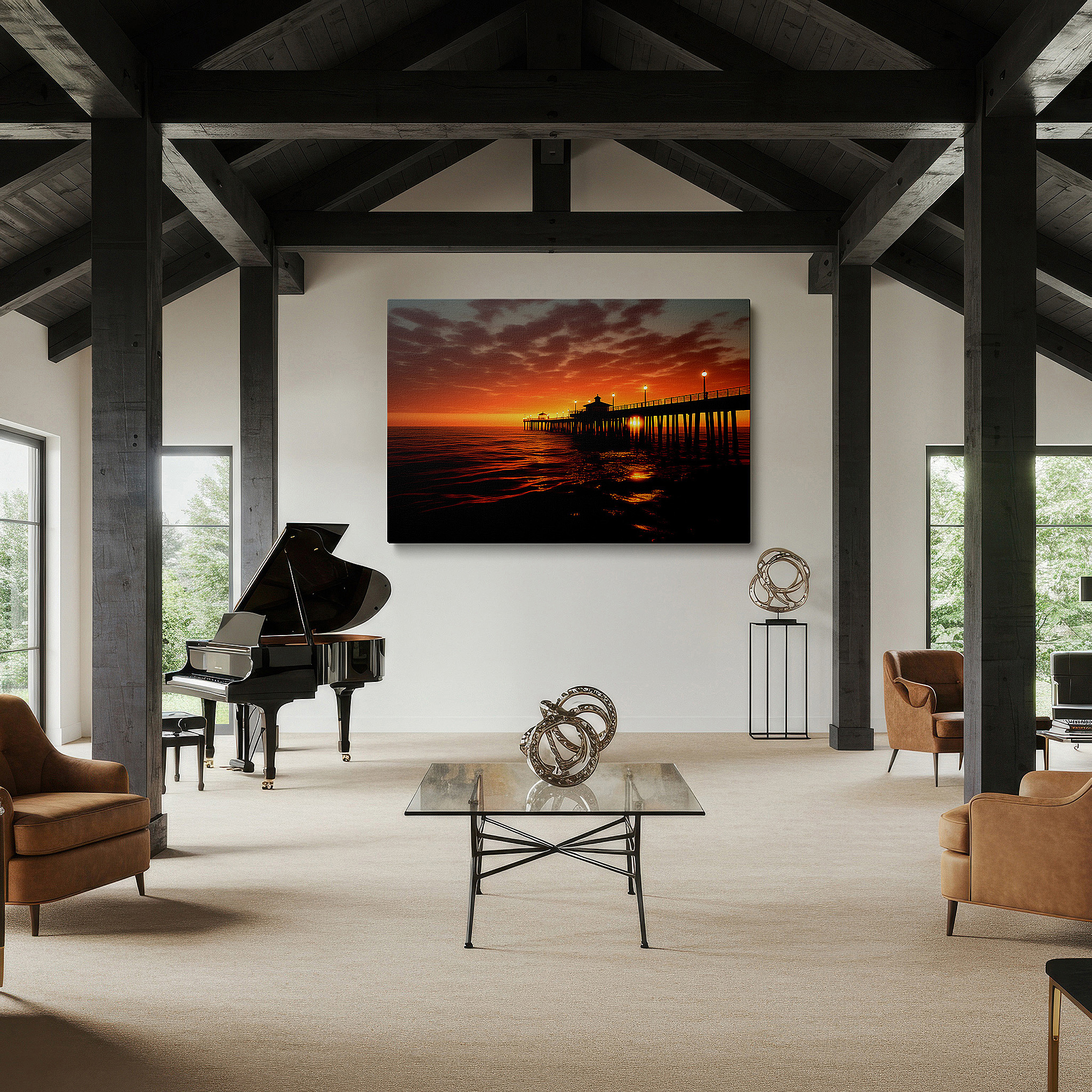 Featured in a dining room with dark wood furniture and candlelight — serene sunset at the pier: tranquil beauty ideal for calm and inspiration - large wall art, canvas wall art, wall decor for office