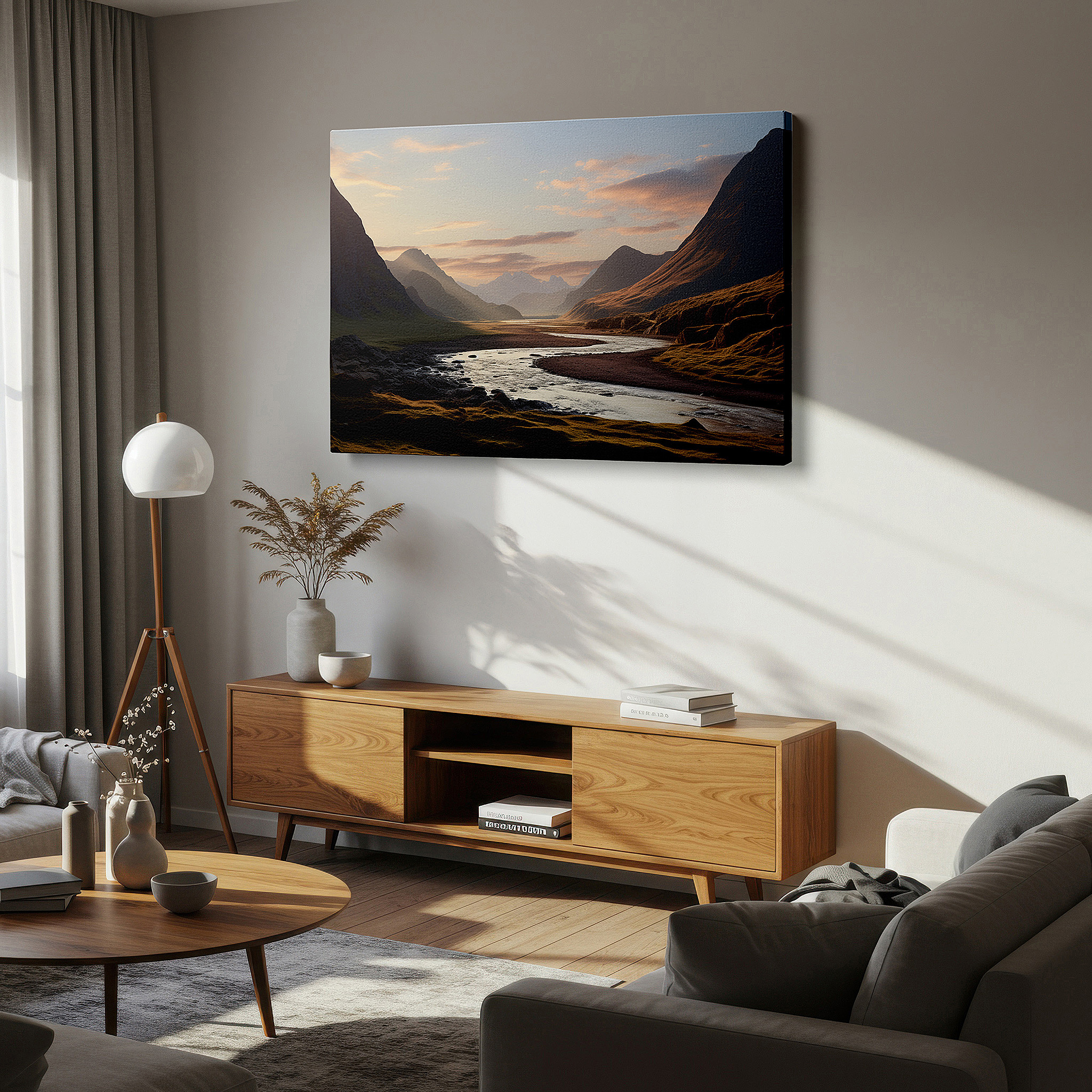 Featured in a dining room with dark wood furniture and candlelight — serene valley sunset and river canvas print - large wall art for office and bedroom decor