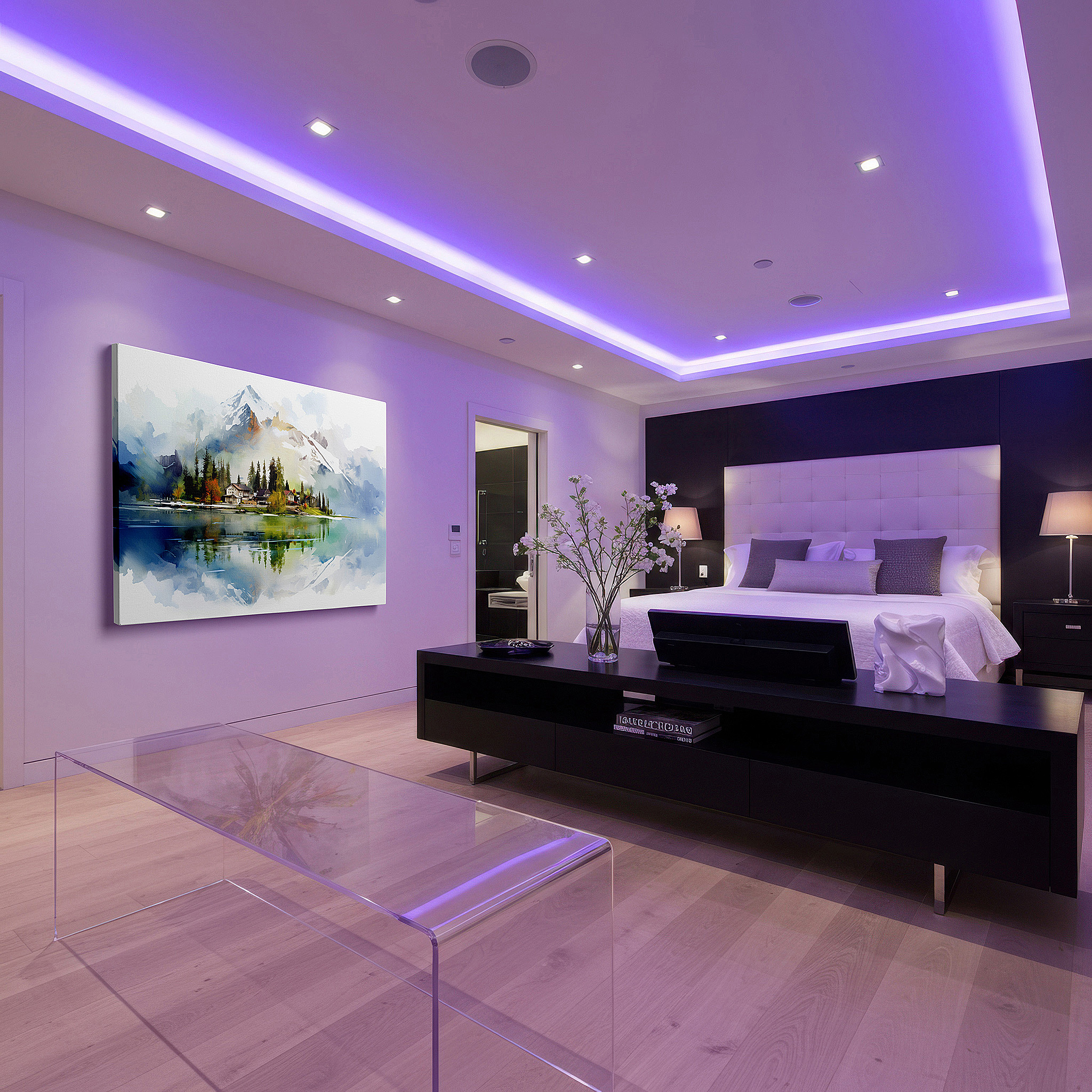 Featured in a dining room with dark wood furniture and candlelight — serene village by the lake - large canvas wall art depicting a tranquil natural reflection, perfect for office or bedroom decor