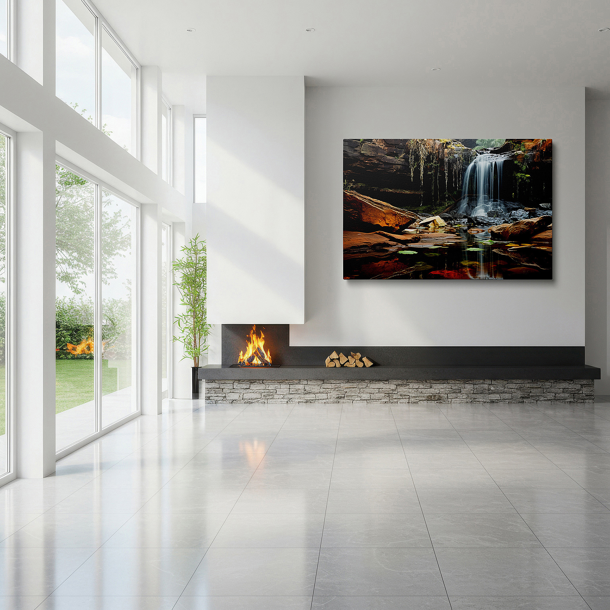 Featured in a dining room with dark wood furniture and candlelight — serene waterfall surrounded by steep cliffs and verdant foliage large wall art, canvas wall art, wall decor for office and bedroom