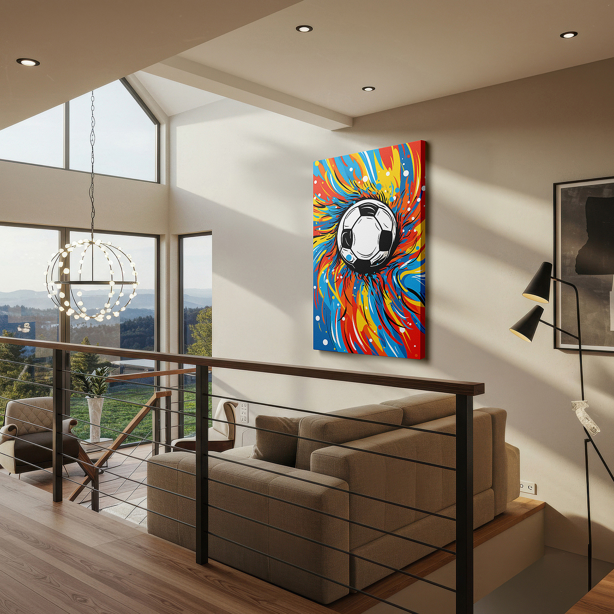 Featured in a dining room with dark wood furniture and candlelight — soccer-themed wall art: featuring dynamic swirls and vivid colors, perfect for office, bedroom, and living spaces