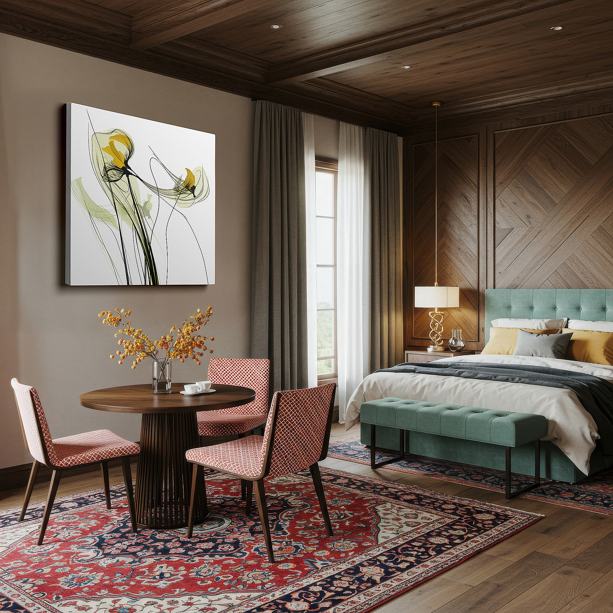 Featured in a dining room with dark wood furniture and candlelight — soft-hued stylized flowers, tranquil abstract with vibrant accents, large canvas wall art for office decor