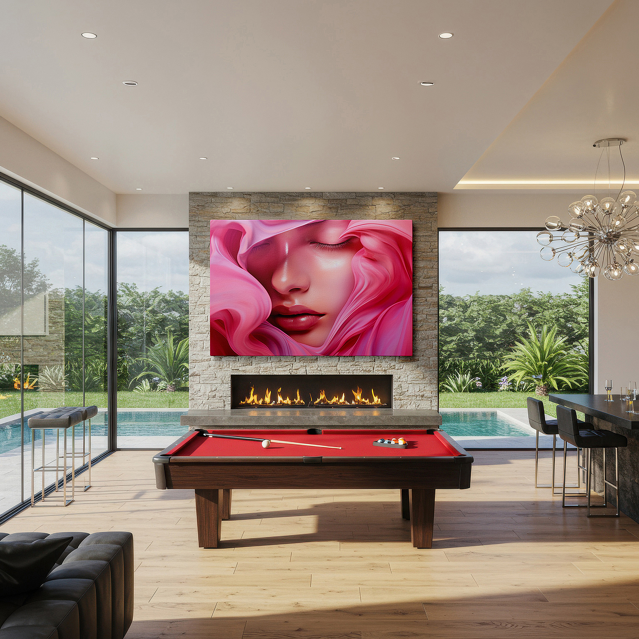 Featured in a dining room with dark wood furniture and candlelight — soft pink fabric depicting ethereal serenity: a tranquil, introspective large wall art for peaceful decor in offices and homes