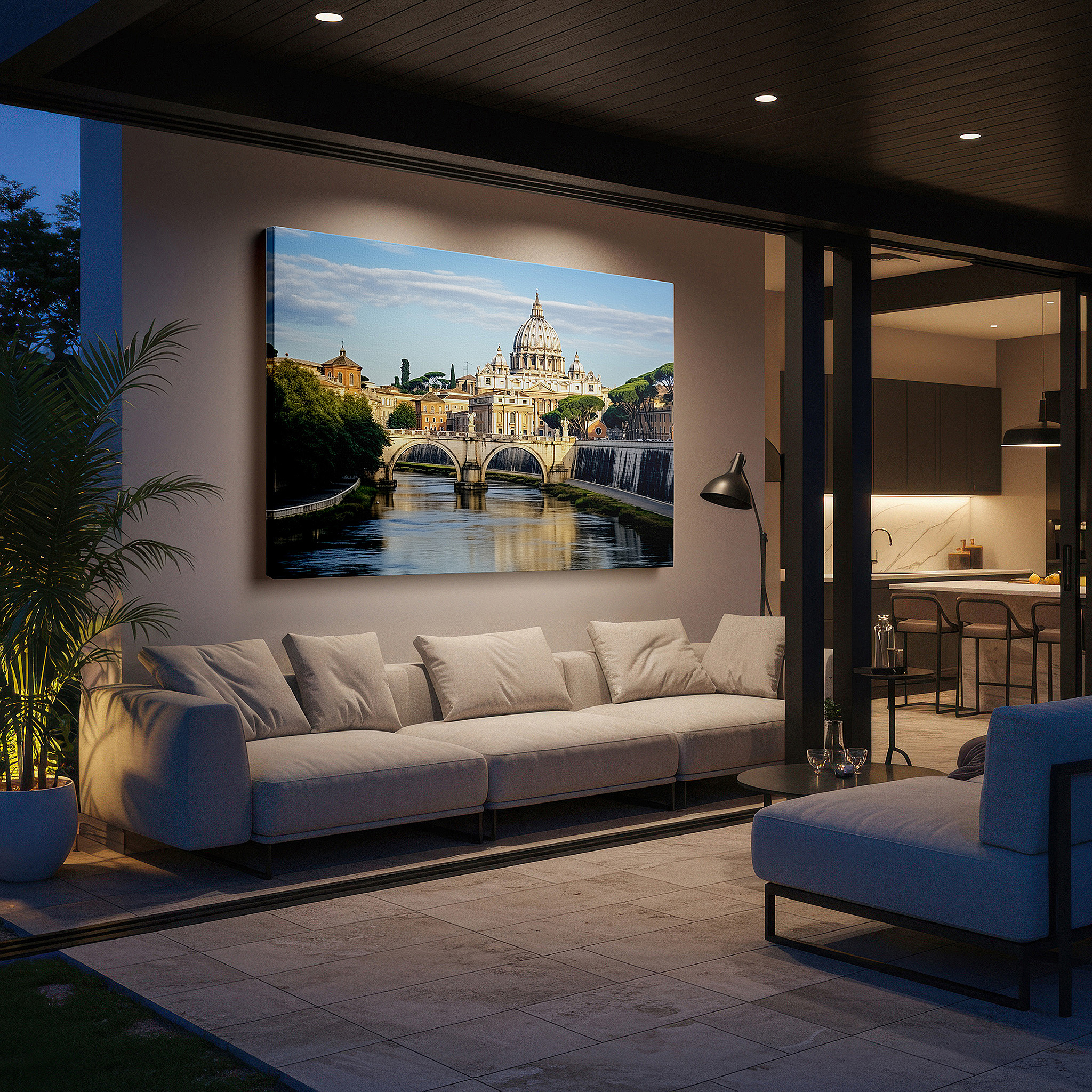 Featured in a dining room with dark wood furniture and candlelight — st. peter's basilica mirrored in tranquil waters: a representation of celestial and terrestrial spheres, large wall art, canvas wall art, wall decor, office wall art