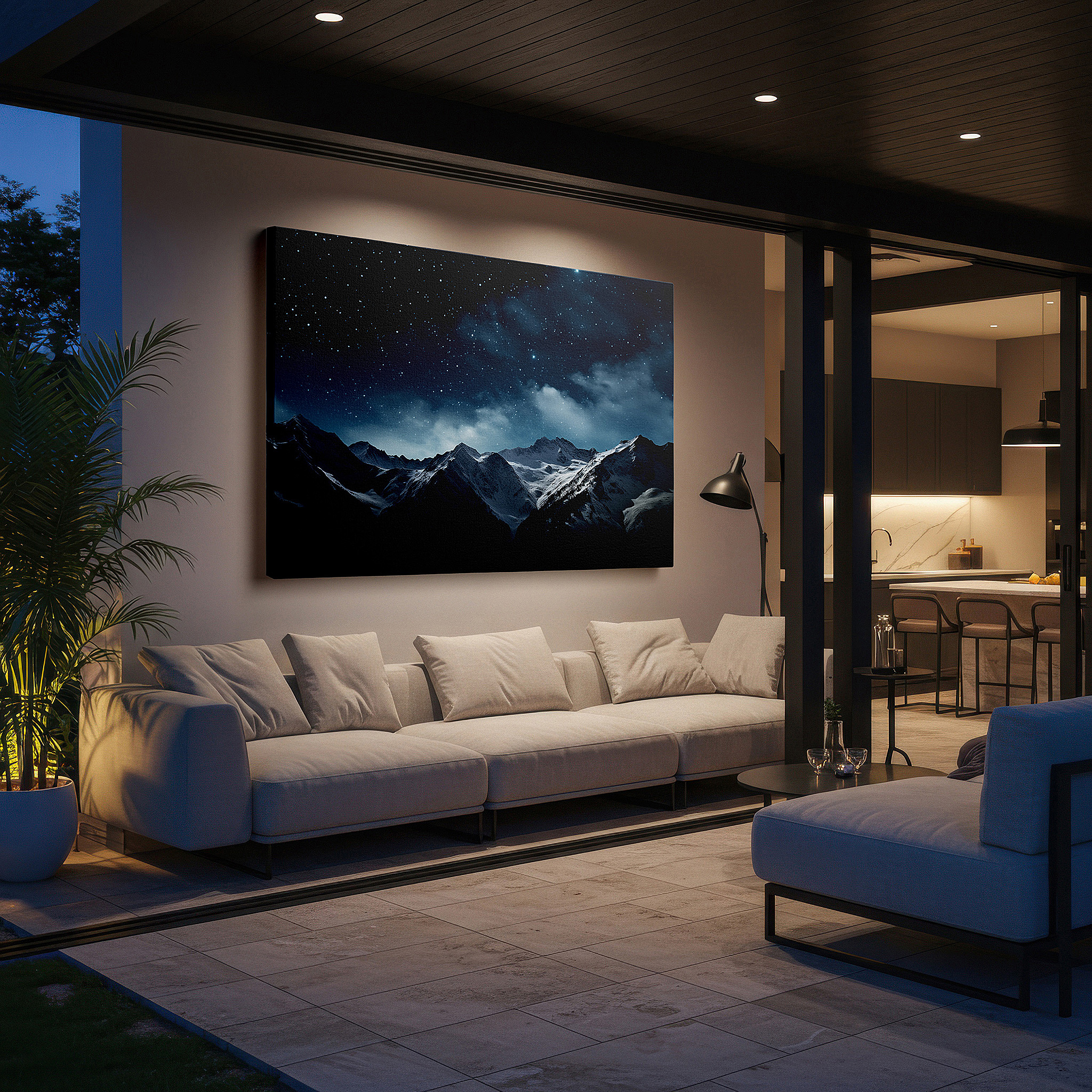 Featured in a dining room with dark wood furniture and candlelight — starry skies over celestial mountains, serene snow and cosmic beauty large wall art, canvas wall art, wall decor for office