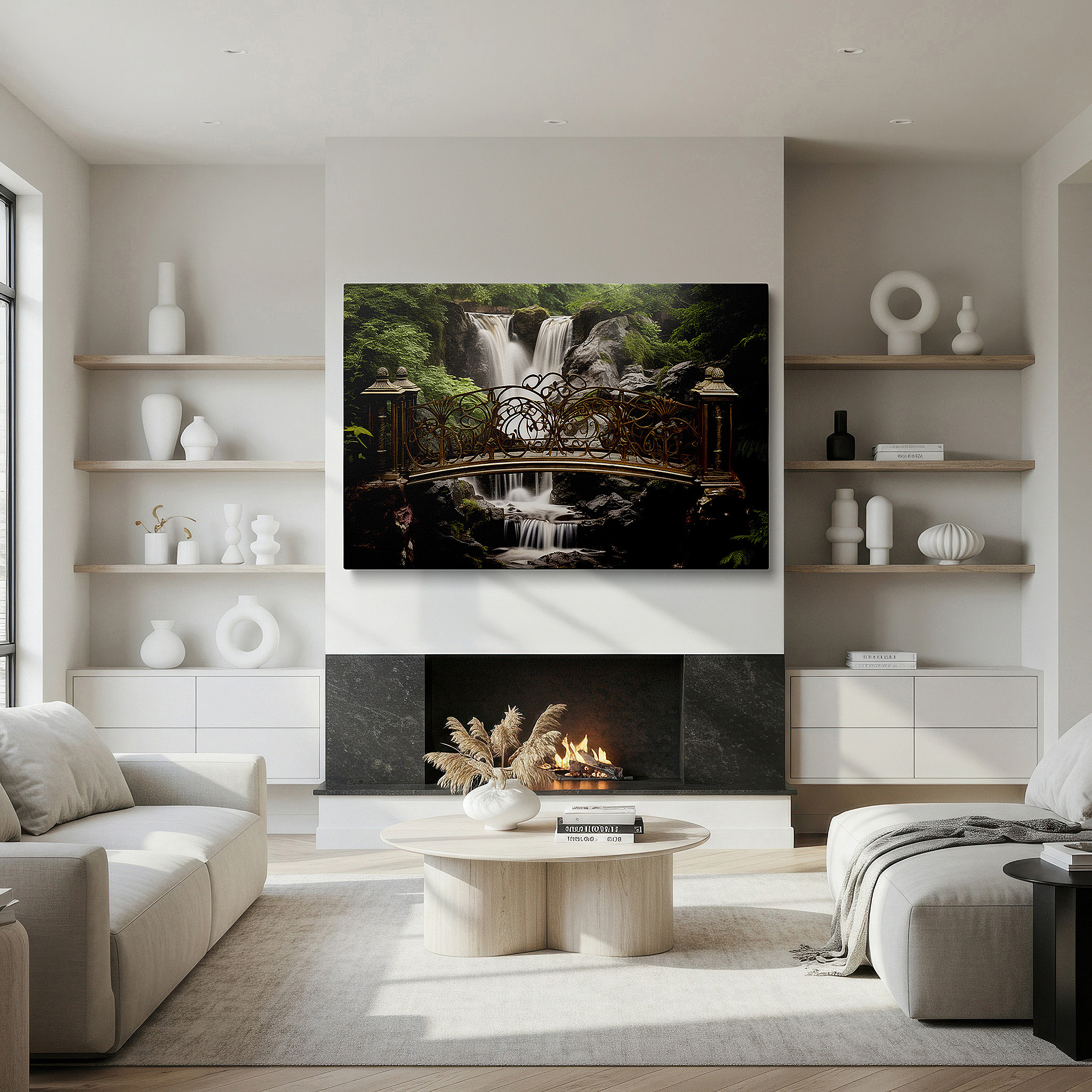 Featured in a dining room with dark wood furniture and candlelight — stunning bridge and waterfall canvas print surrounded by verdant foliage for home and office decor