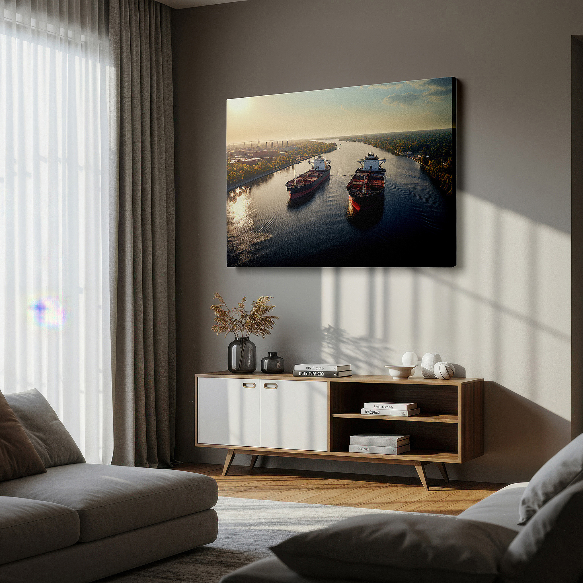 Featured in a dining room with dark wood furniture and candlelight — sunset serenade above maritime city - urban and natural harmony symphony large wall art, canvas wall art, wall decor for office and bedroom