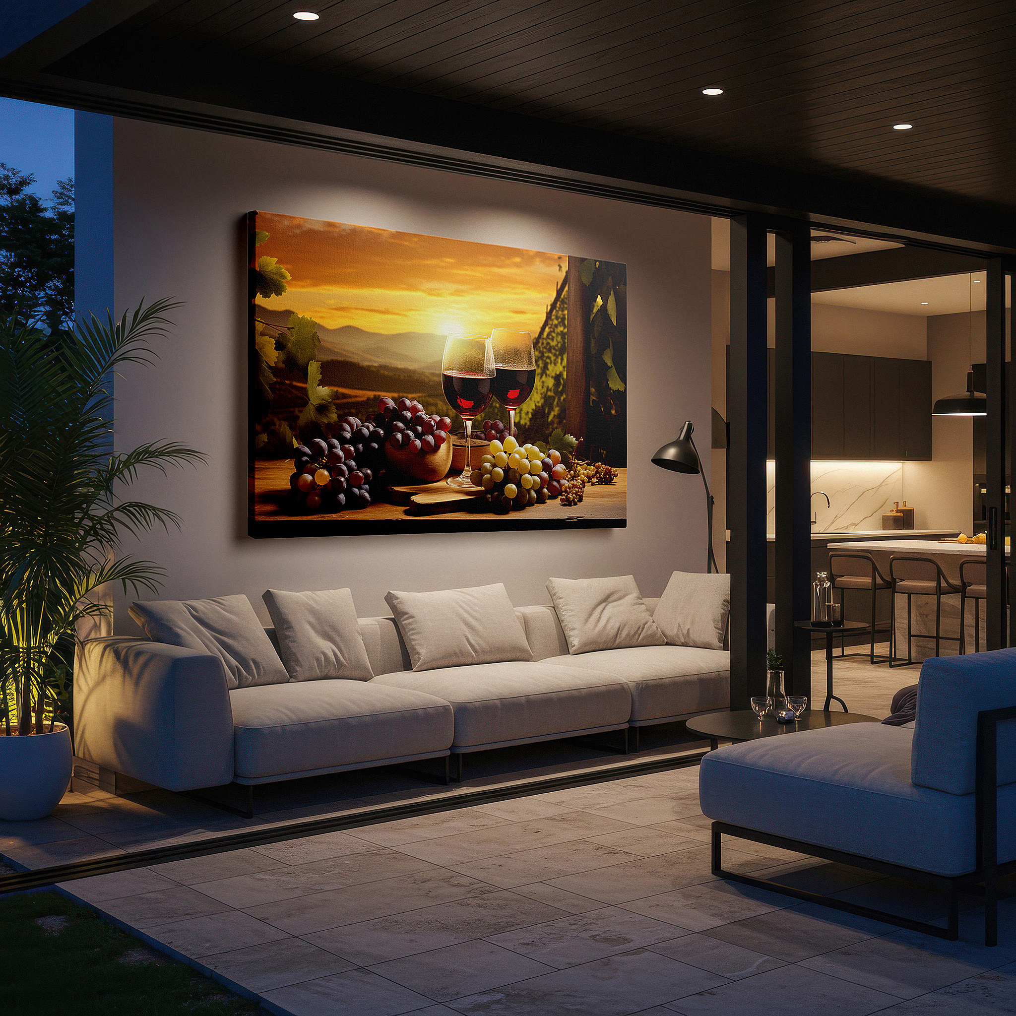 Featured in a dining room with dark wood furniture and candlelight — sunset serenade at the vineyard: celebrating wine, nature, and togetherness - large wall art, canvas wall art, wall decor, office wall art