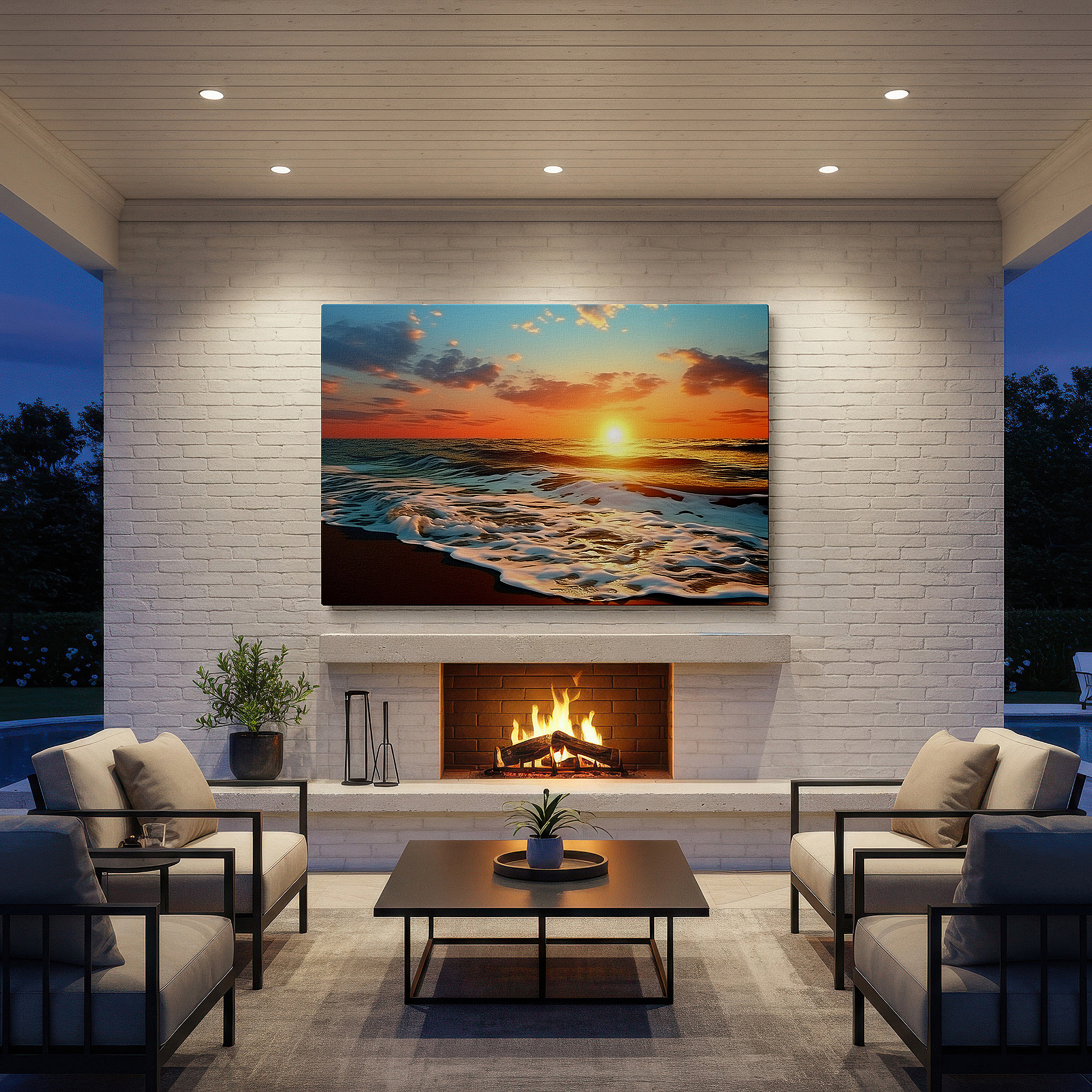 Featured in a dining room with dark wood furniture and candlelight — sunset serenity over the ocean - a peaceful mix of fiery skies and soothing waves large wall art, canvas wall art, wall decor, office wall art