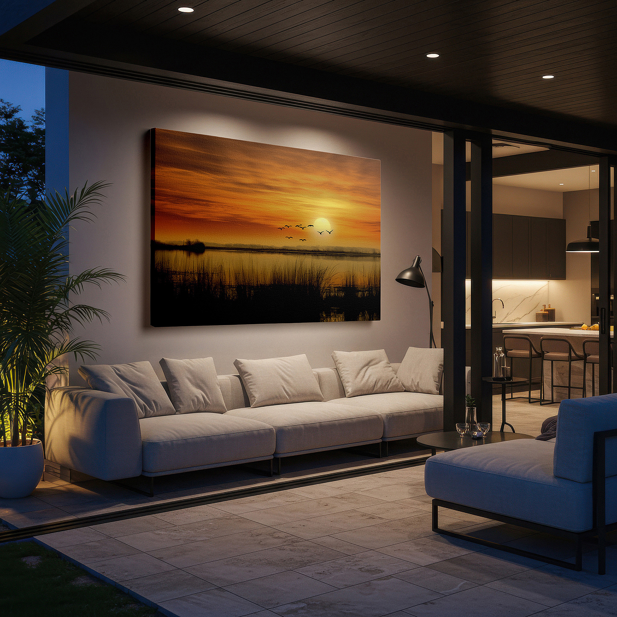 Featured in a dining room with dark wood furniture and candlelight — sunset serenity over tranquil waters featuring silhouetted birds in flight - large canvas wall art for office and bedroom decor